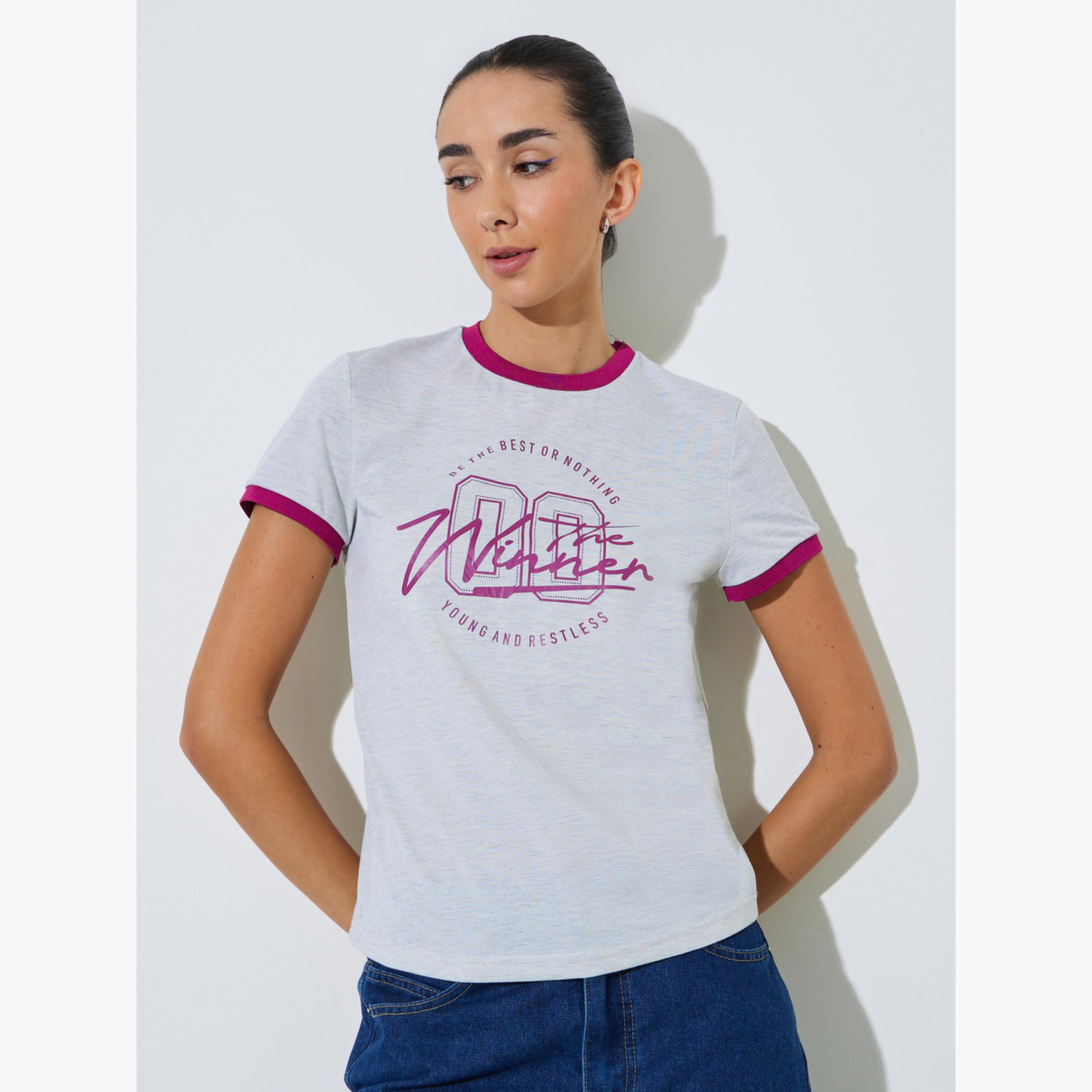Styli Grey Slogan Print Ringer T-Shirt-women-clothing-tshirts-image-1