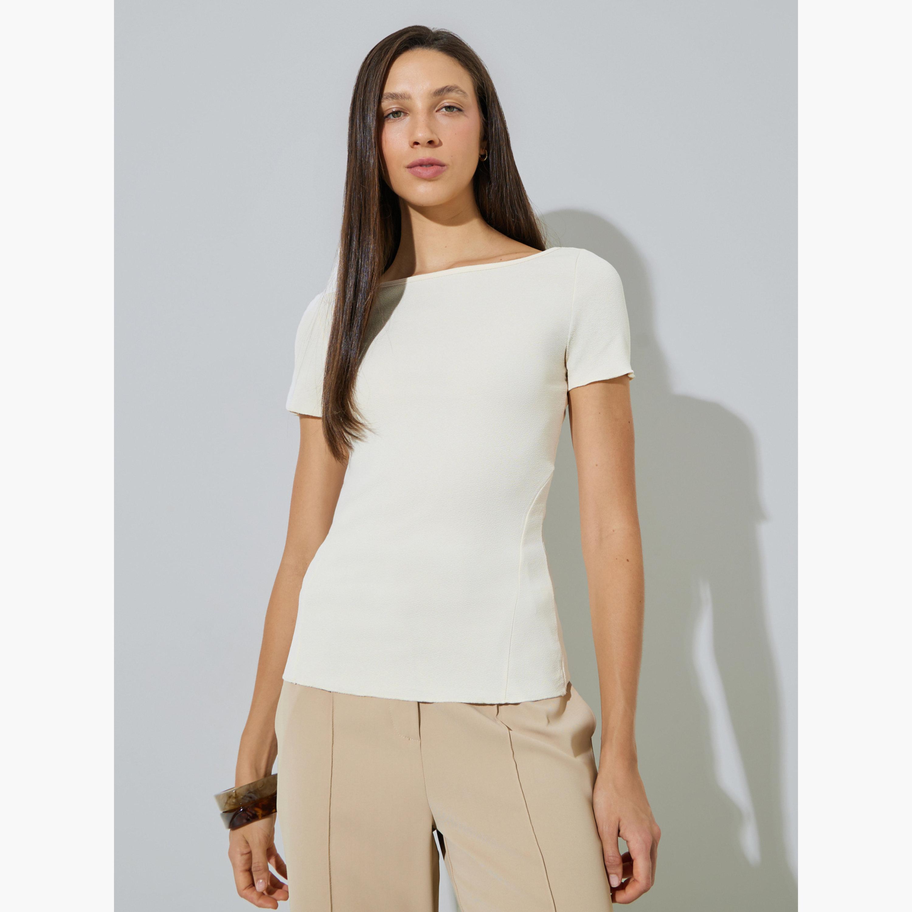 Styli Cream Boat Neck Fitted T-Shirt-women-clothing-tshirts-image-1