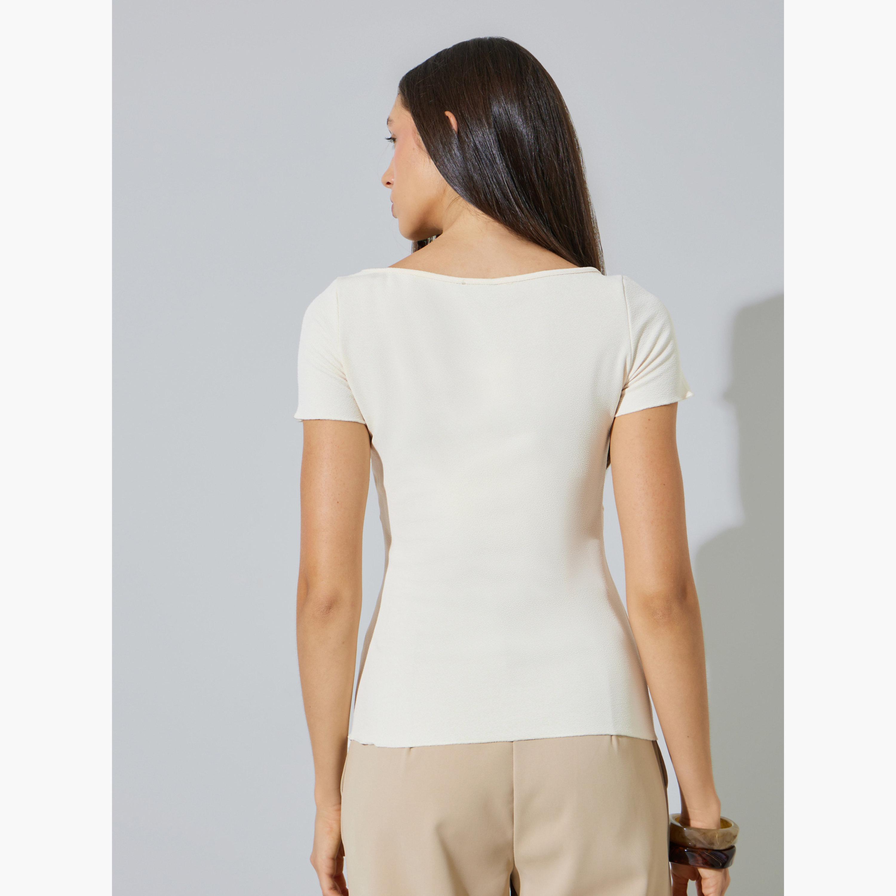 Styli Cream Boat Neck Fitted T-Shirt-women-clothing-tshirts-image-4
