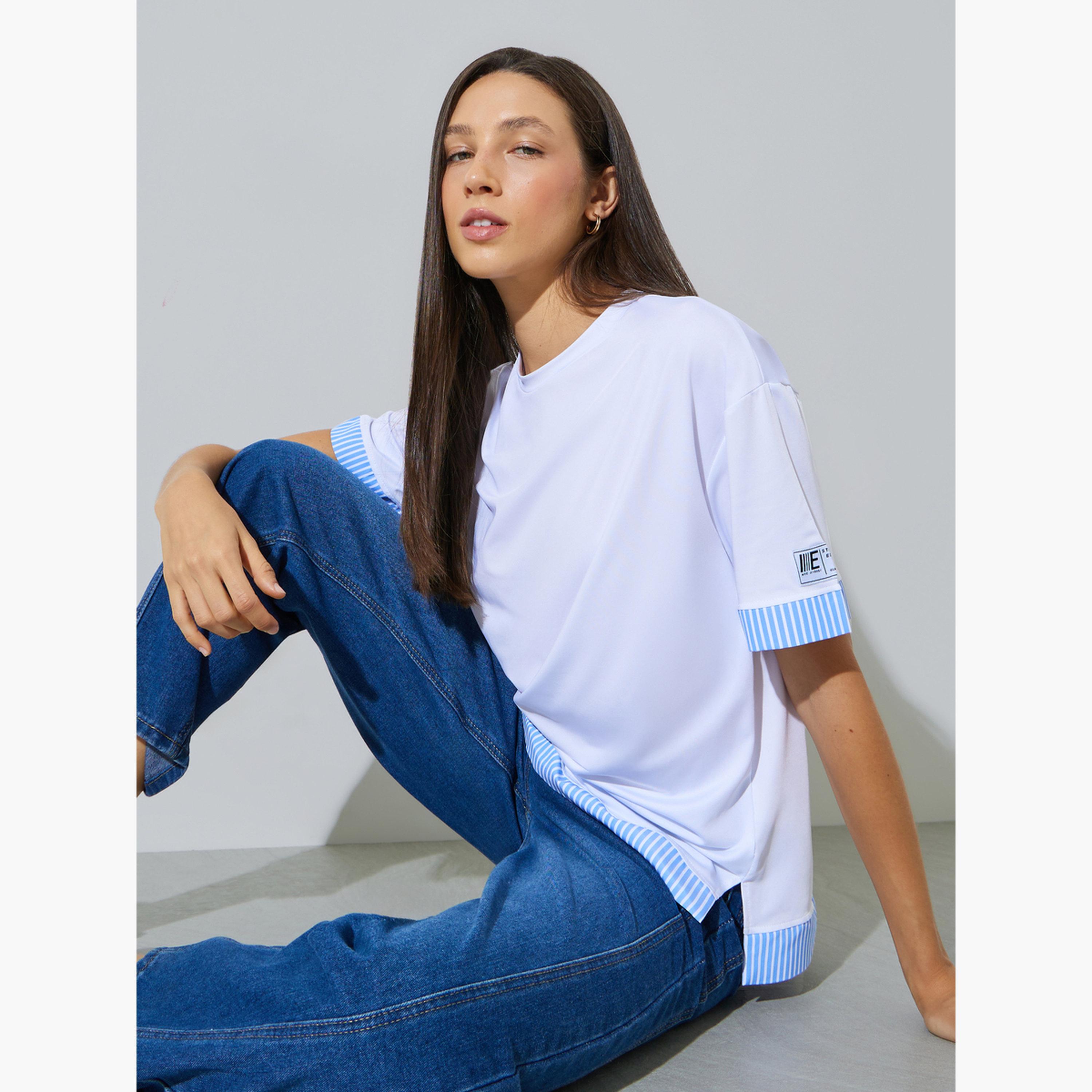 ستايلي - تيشيرت أبيض مخطط ذو حواف متعددة الطبقات-women-clothing-tshirts-image-3