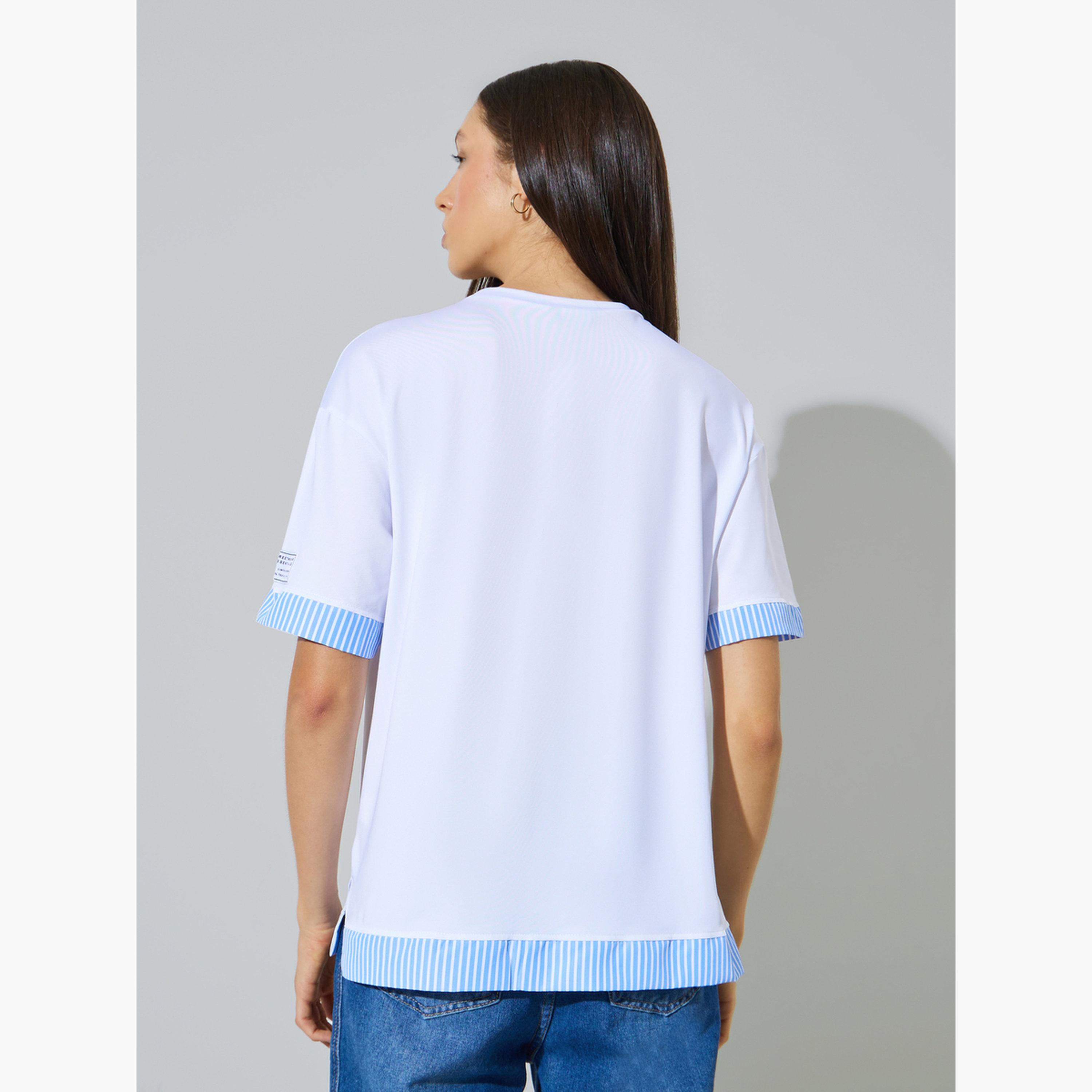 ستايلي - تيشيرت أبيض مخطط ذو حواف متعددة الطبقات-women-clothing-tshirts-image-4