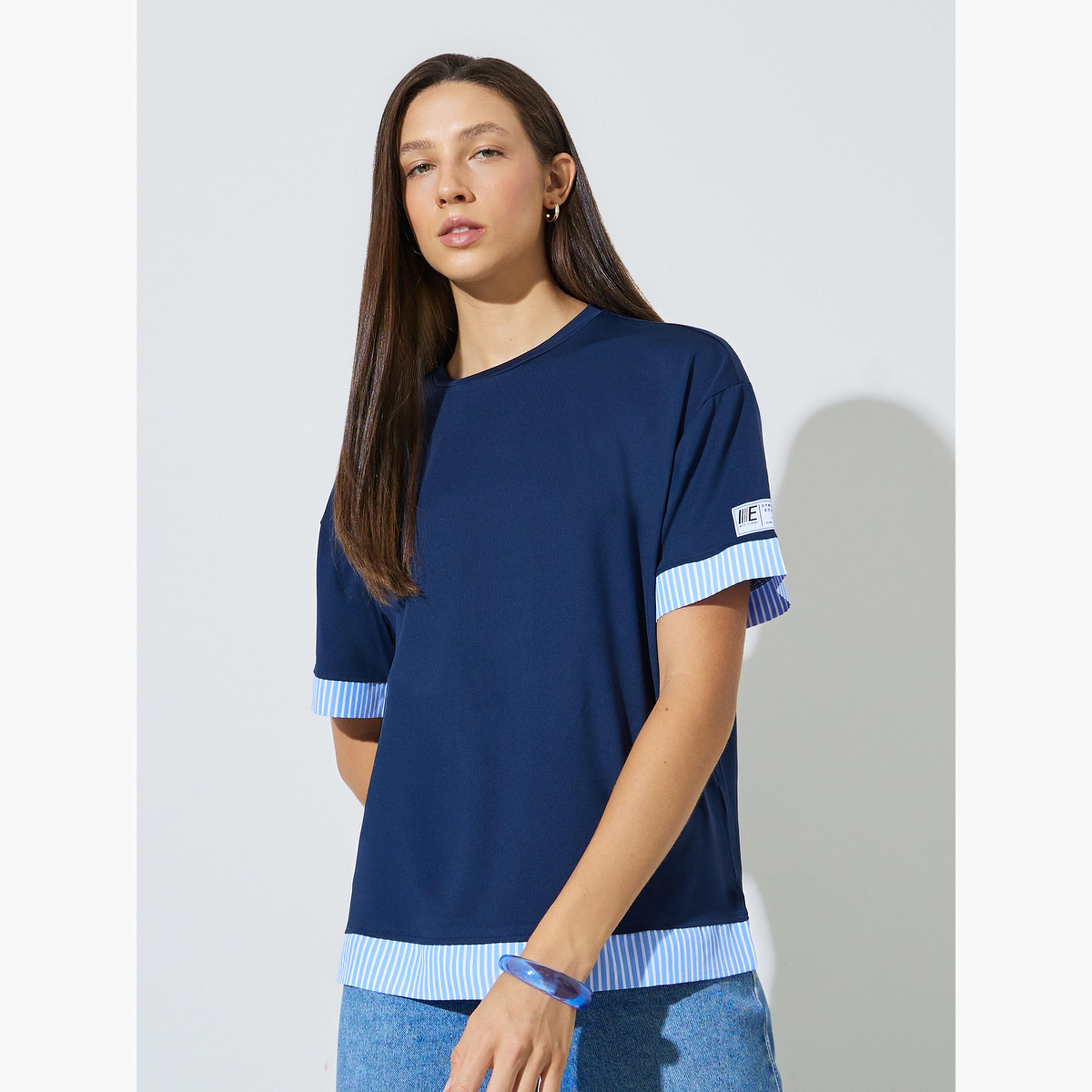 Styli Navy Blue Layered Hem T-Shirt with Striped Detail-women-clothing-tshirts-image-1