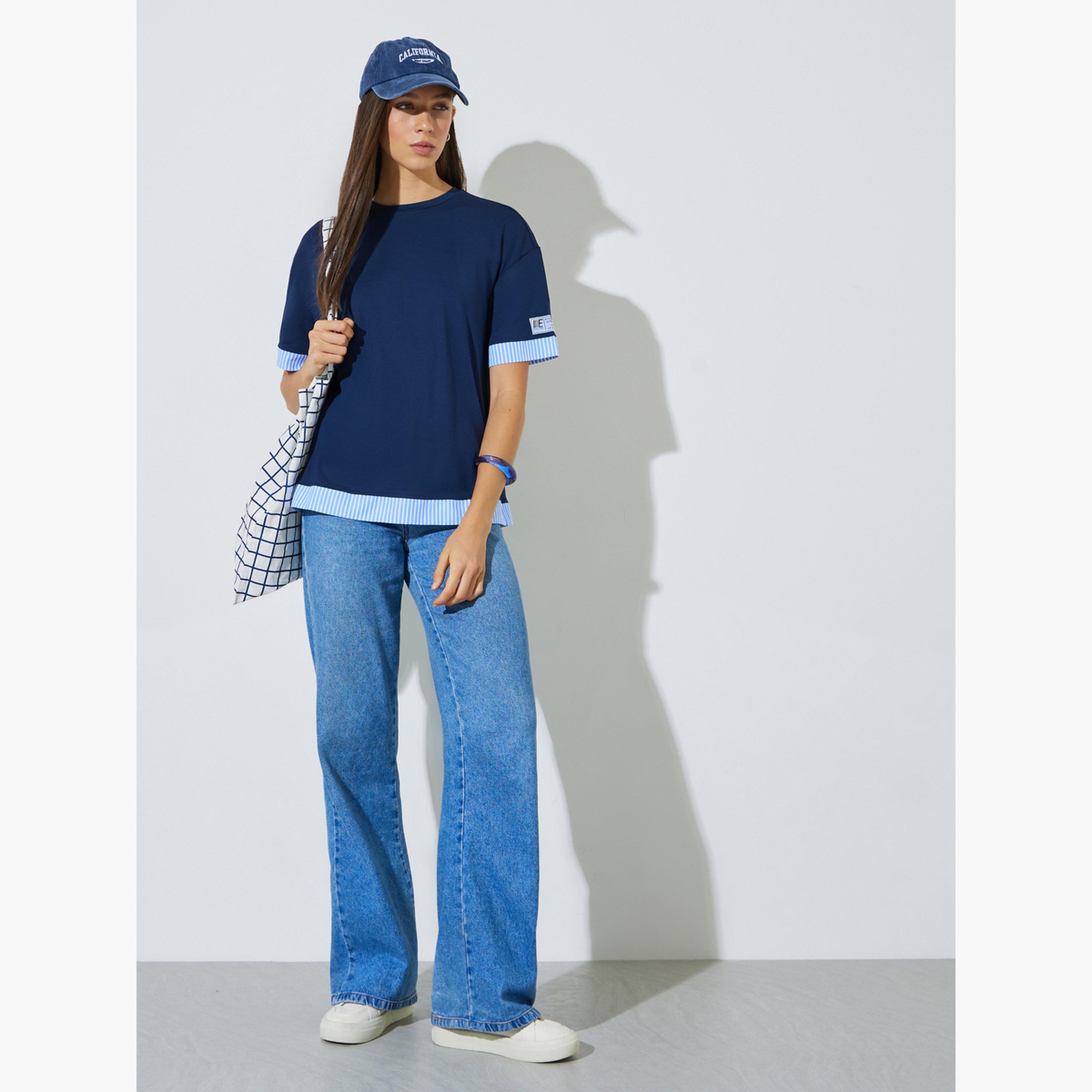 Styli Navy Blue Layered Hem T-Shirt with Striped Detail-women-clothing-tshirts-image-2