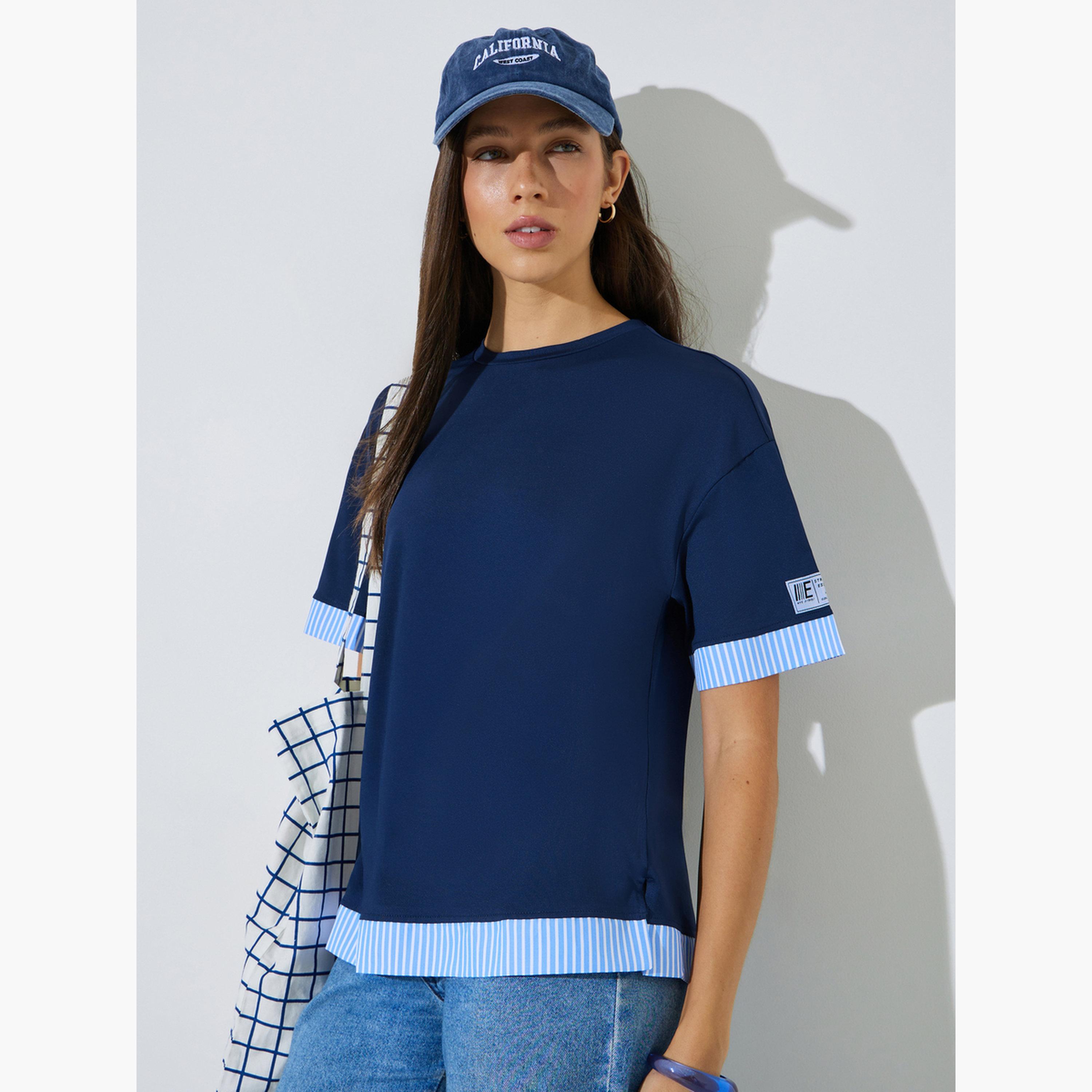 Styli Navy Blue Layered Hem T-Shirt with Striped Detail-women-clothing-tshirts-image-3
