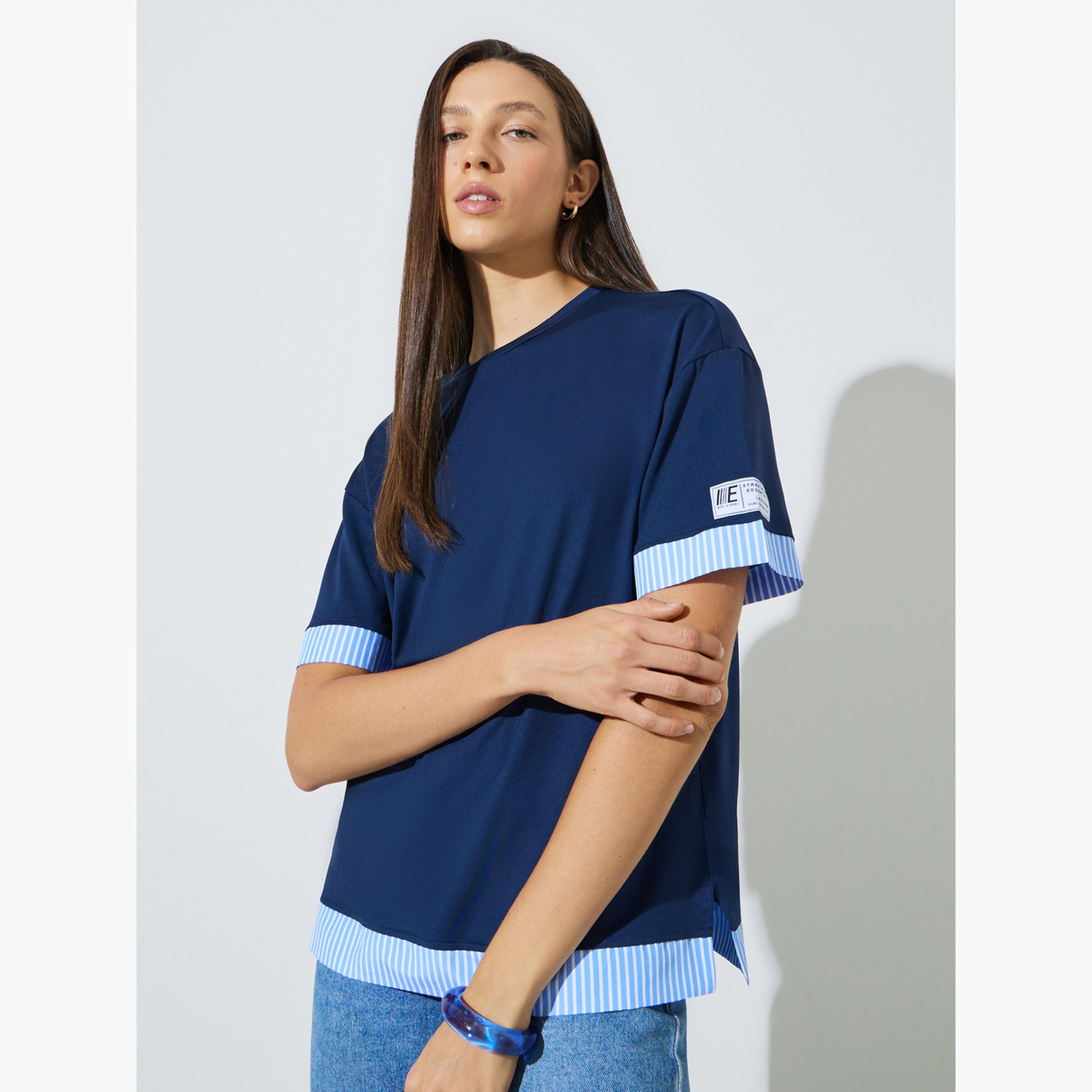 Styli Navy Blue Layered Hem T-Shirt with Striped Detail-women-clothing-tshirts-image-4