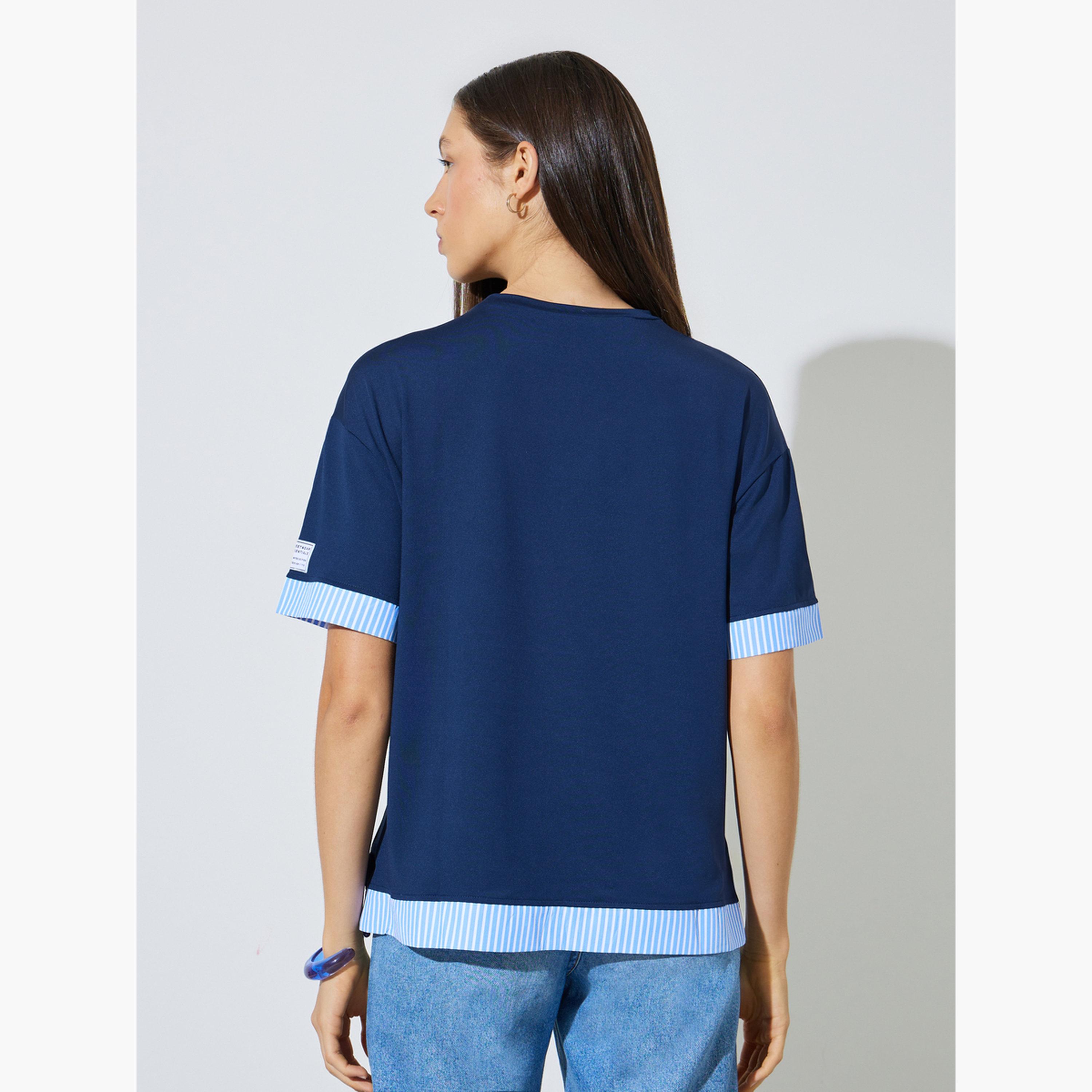 Styli Navy Blue Layered Hem T-Shirt with Striped Detail-women-clothing-tshirts-image-5