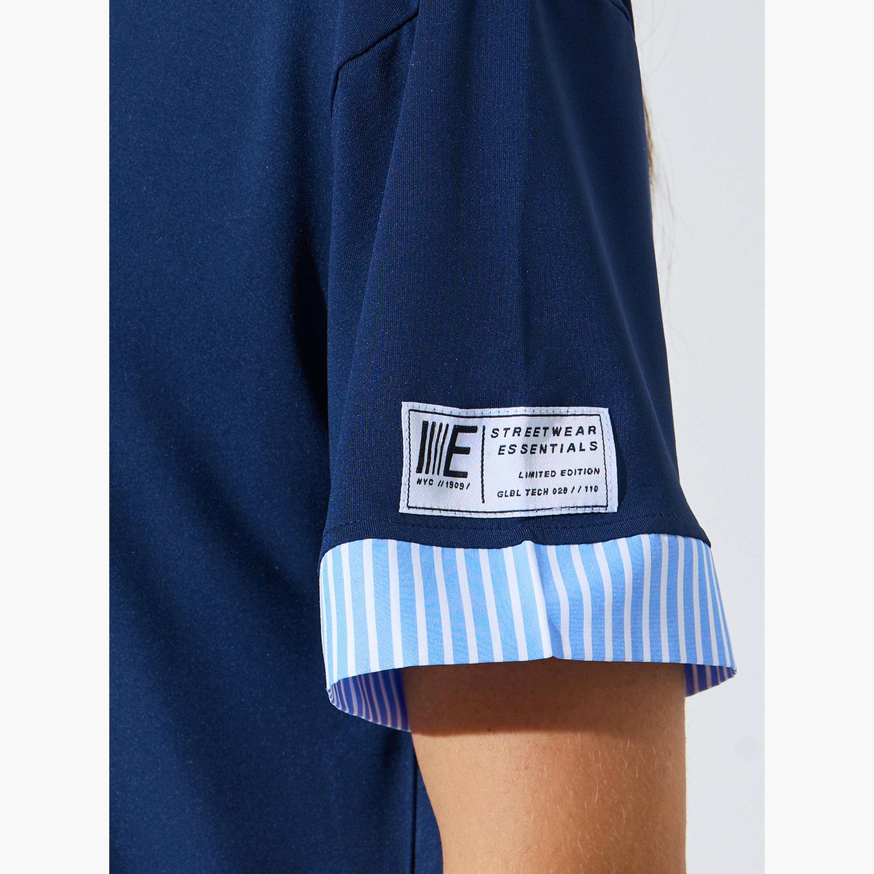 Styli Navy Blue Layered Hem T-Shirt with Striped Detail-women-clothing-tshirts-image-6
