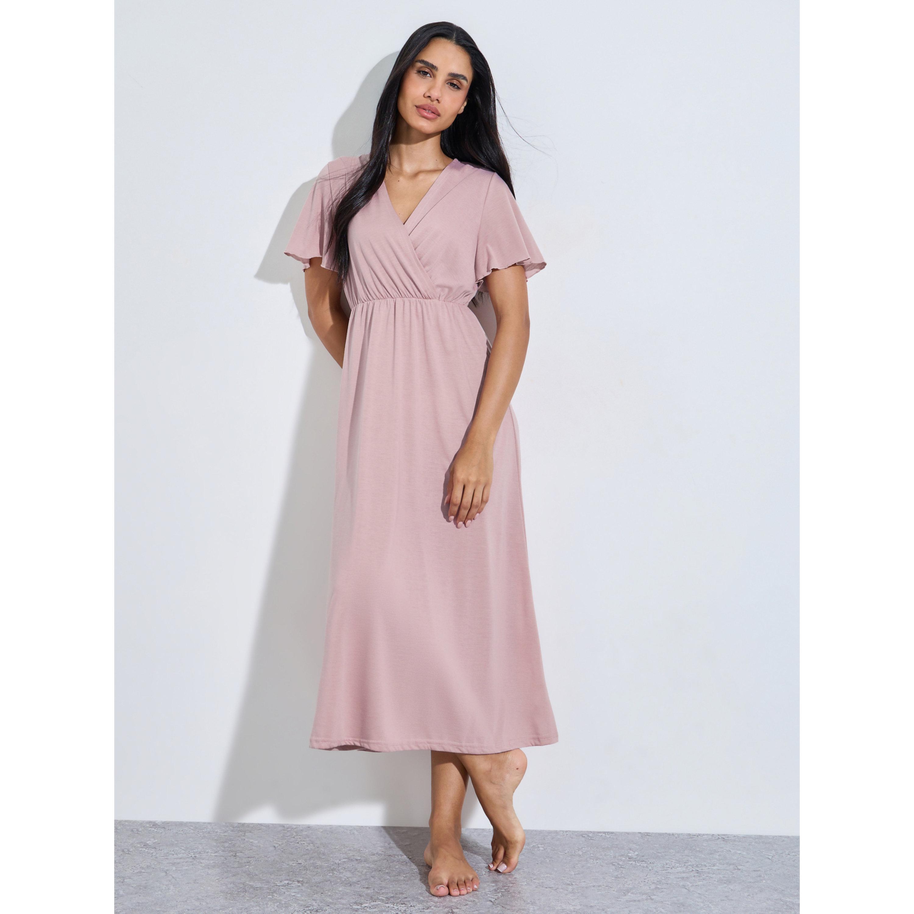 Styli Pink Solid Wrap Over Nightdress-women-clothing-nightwear-nighties-image-1