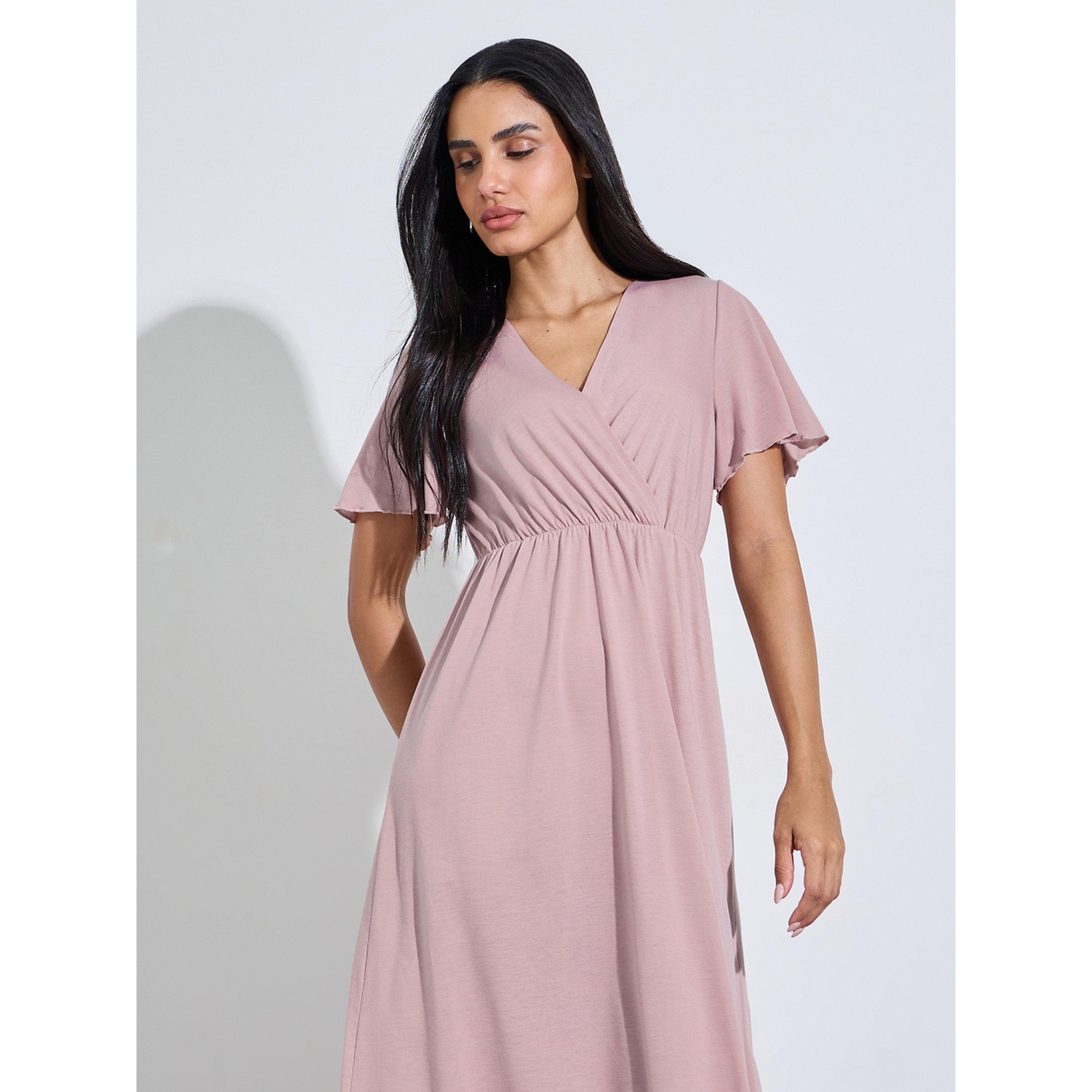 Styli Pink Solid Wrap Over Nightdress-women-clothing-nightwear-nighties-image-2