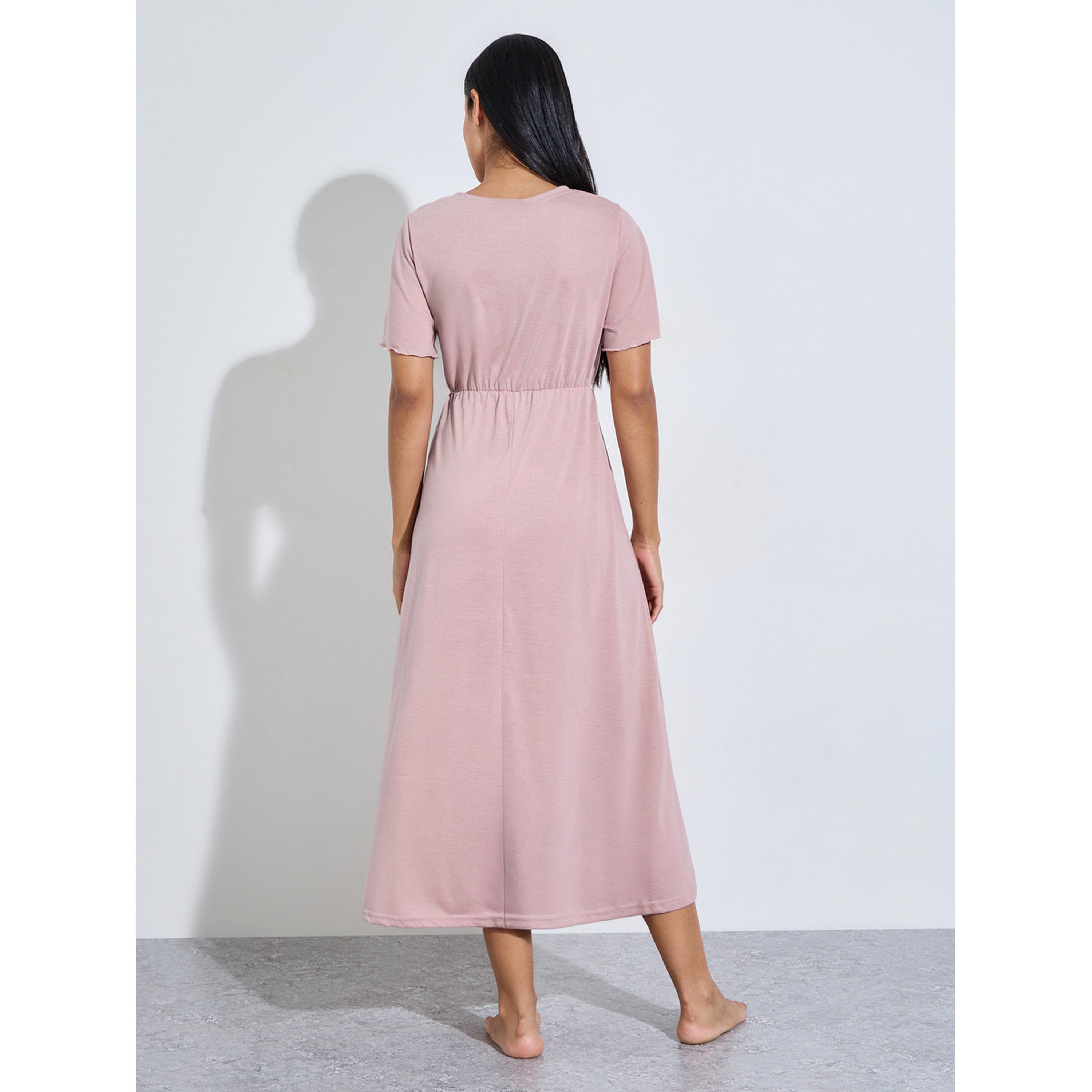 Styli Pink Solid Wrap Over Nightdress-women-clothing-nightwear-nighties-image-3