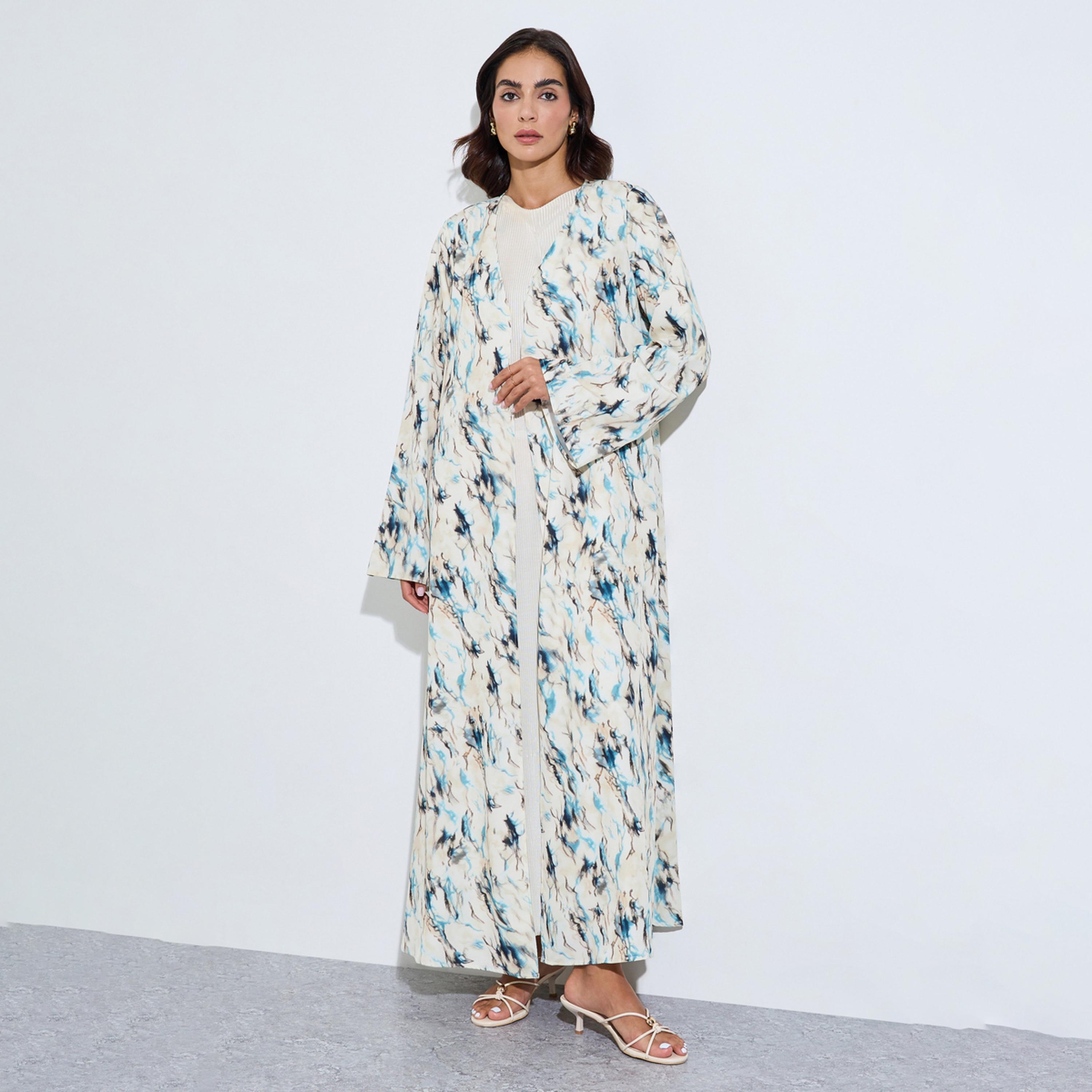 Amirah X Styli Cream All Over Print Open Front Abaya-women-arabicclothing-abayas-image-1