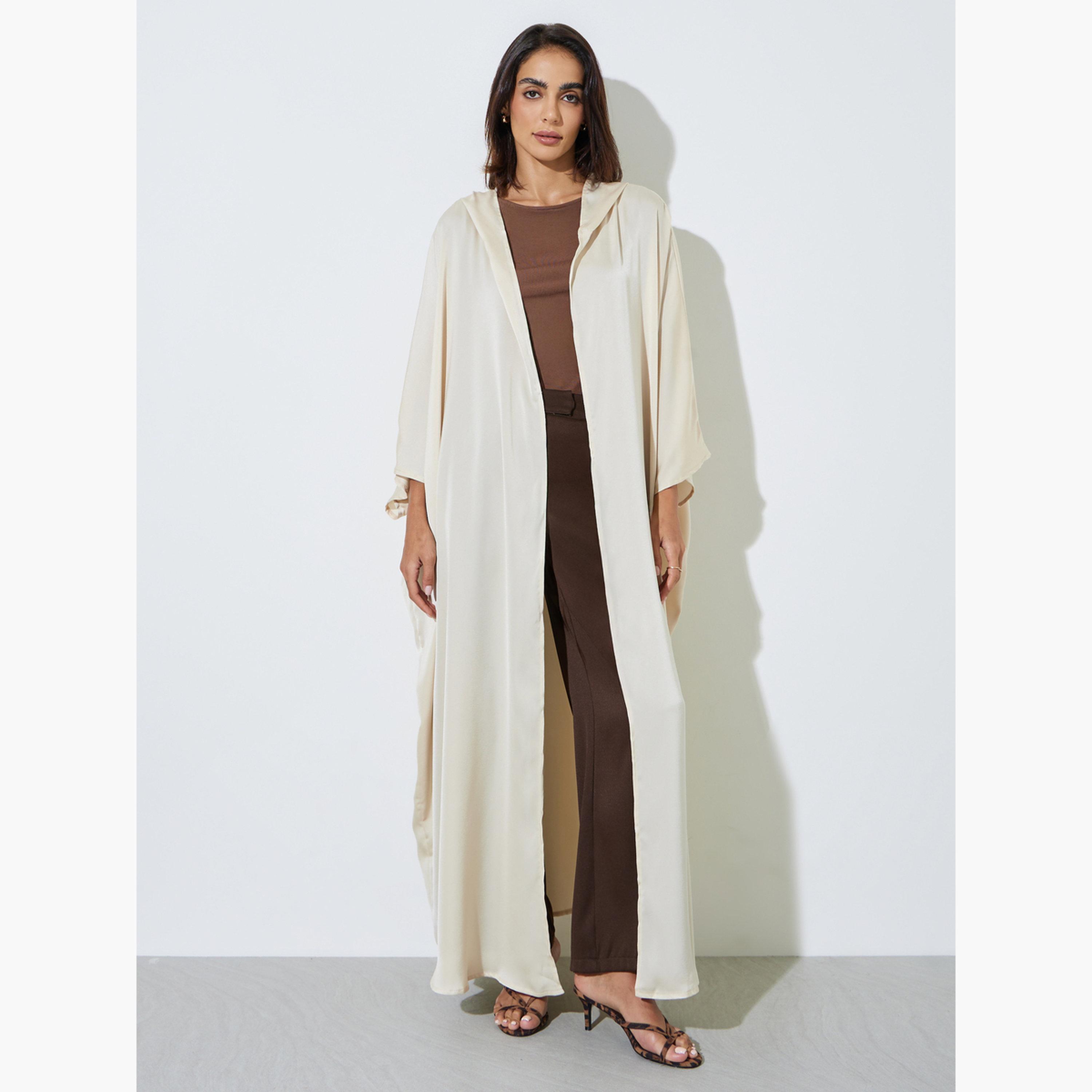 Amirah X Styli Beige Hooded Open Front Abaya-women-arabicclothing-abayas-image-1