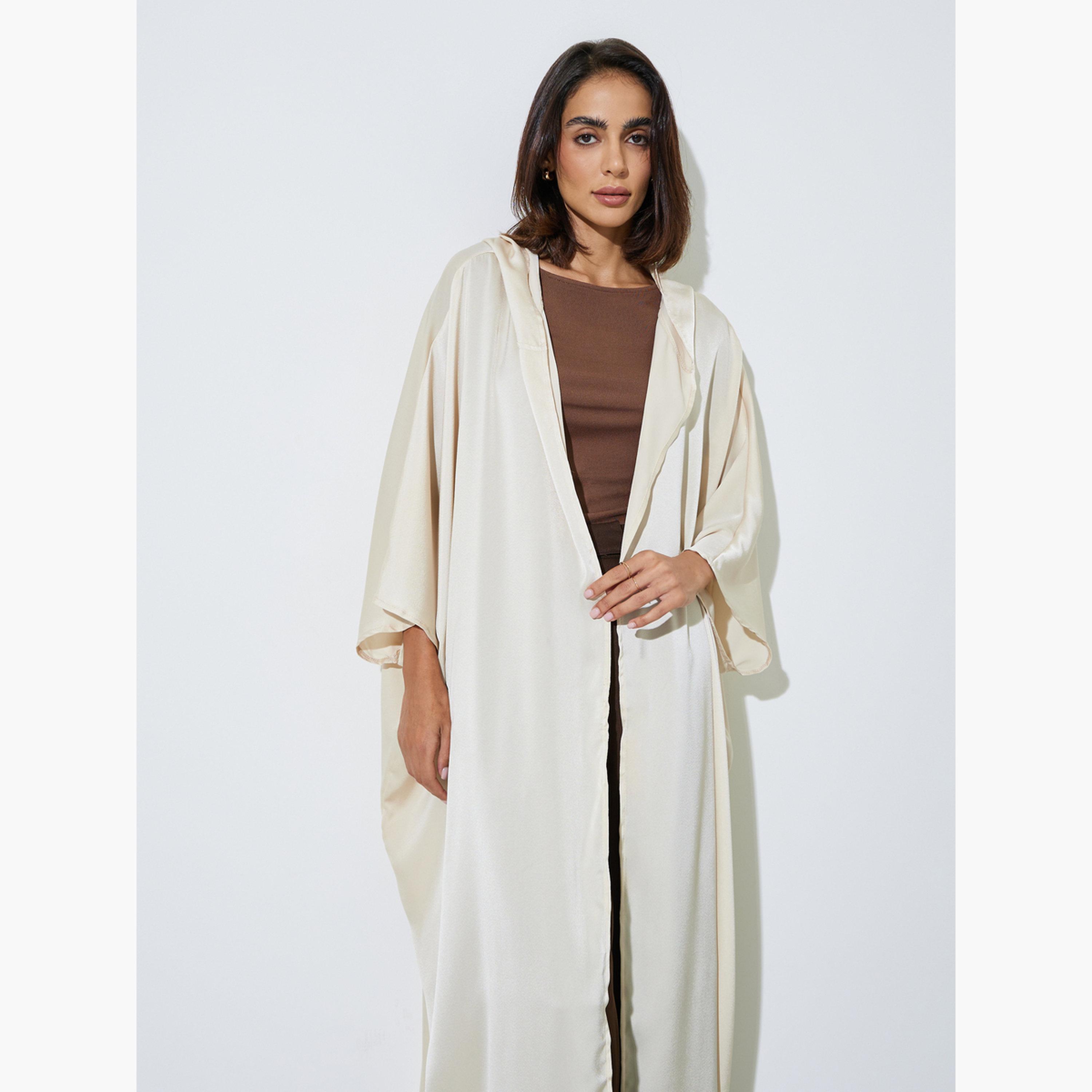 Amirah X Styli Beige Hooded Open Front Abaya-women-arabicclothing-abayas-image-2