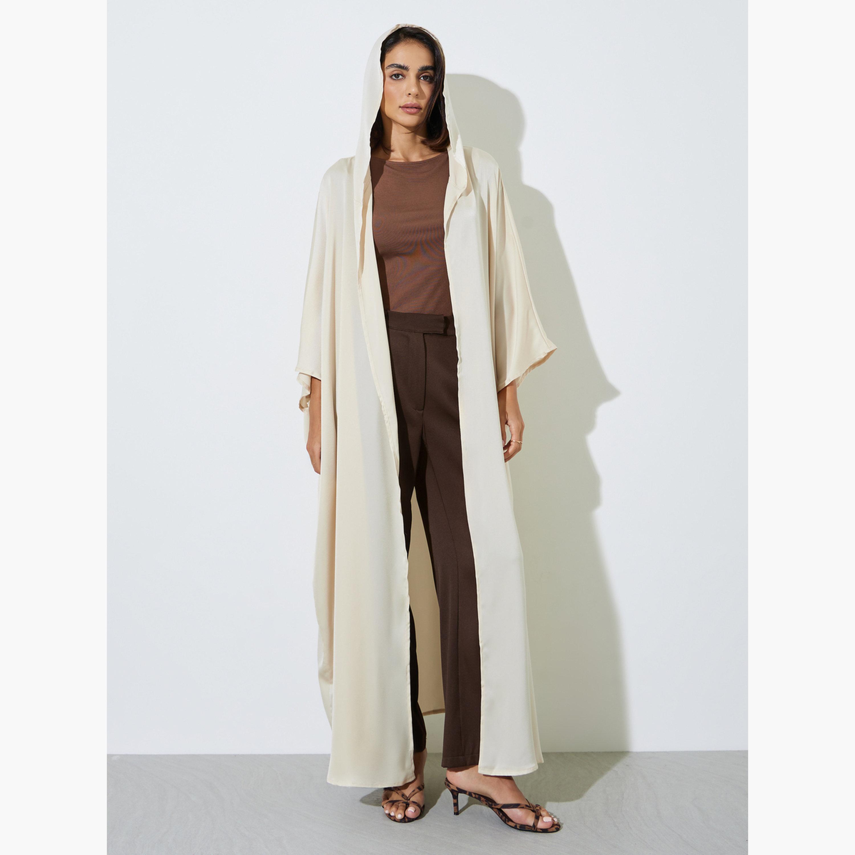Amirah X Styli Beige Hooded Open Front Abaya-women-arabicclothing-abayas-image-3