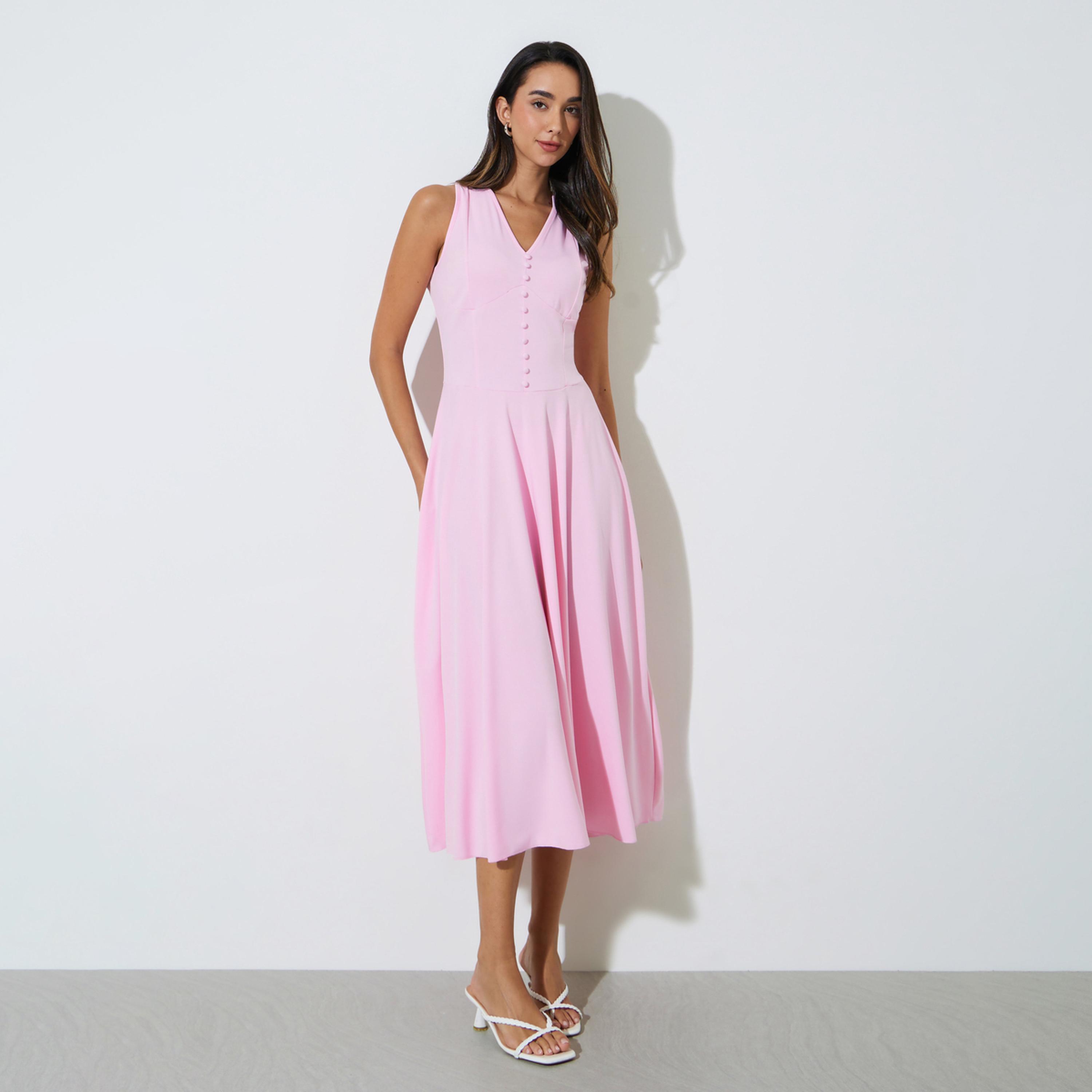 Styli Pink Sleeveless A-Line Midi Dress-women-clothing-dresses-image-1