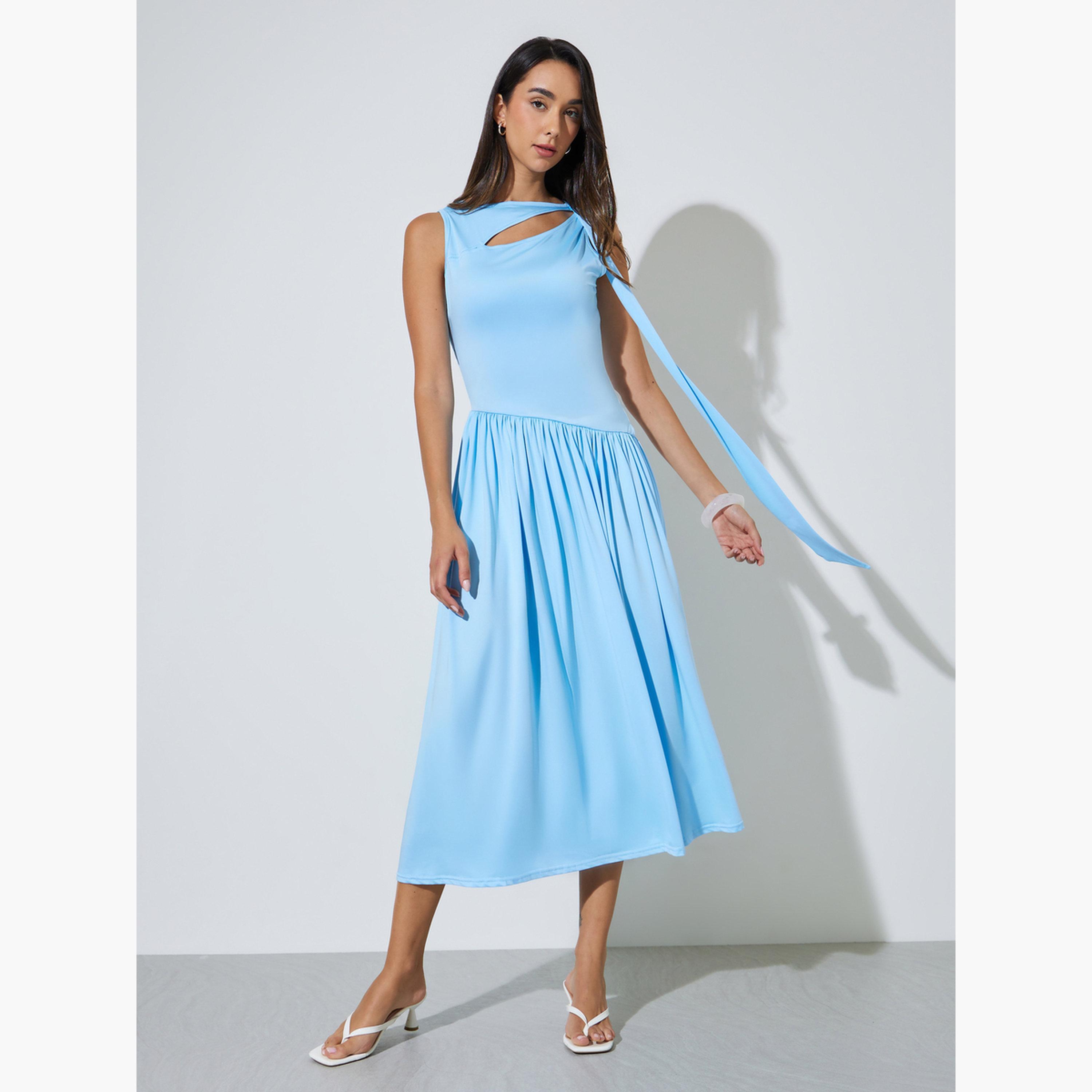 Styli Blue Cut-Out Detail A-Line Midi Dress-women-clothing-dresses-image-1