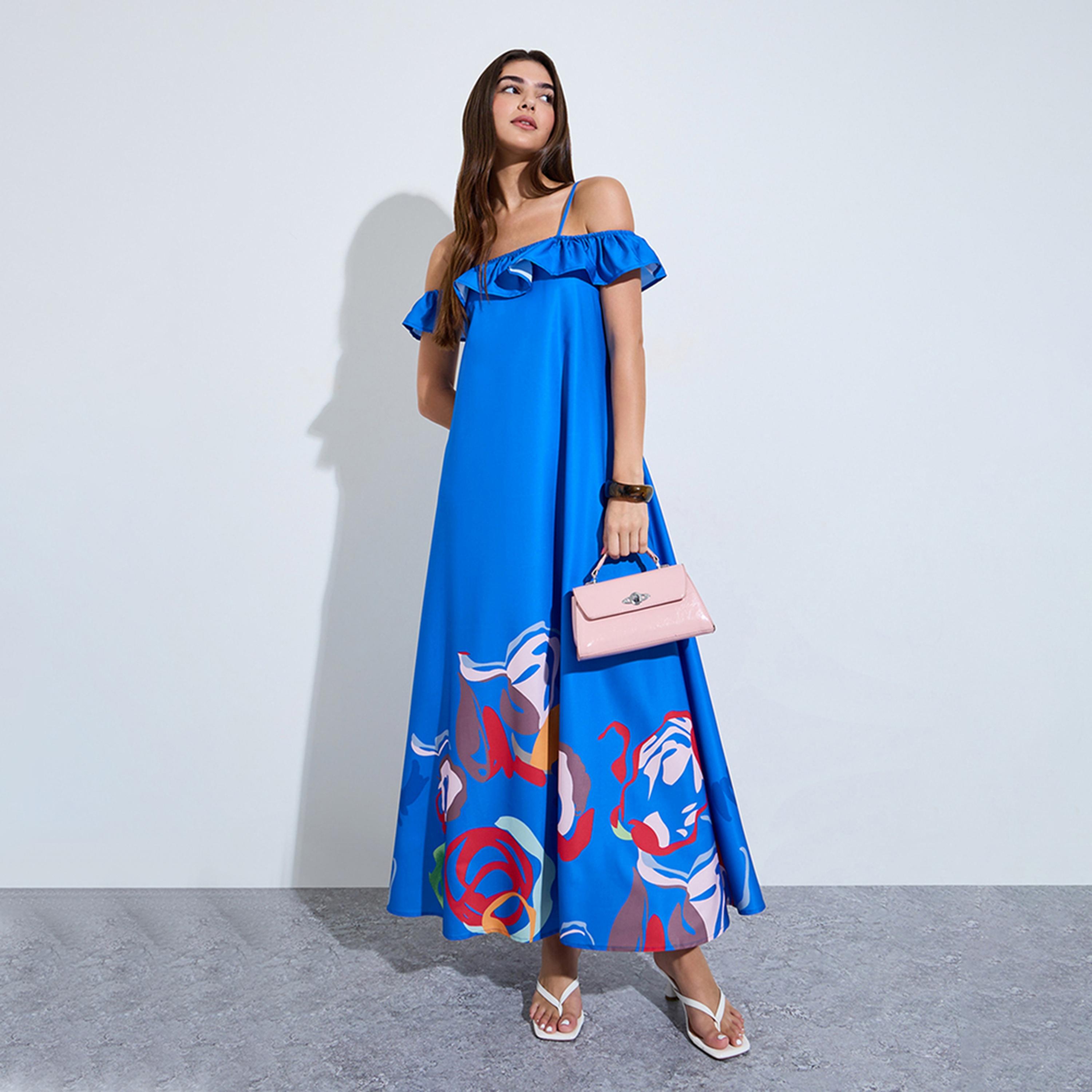 فستان طويل بكشكش وأكتاف مكشوفة أزرق-women-clothing-dresses-image-1