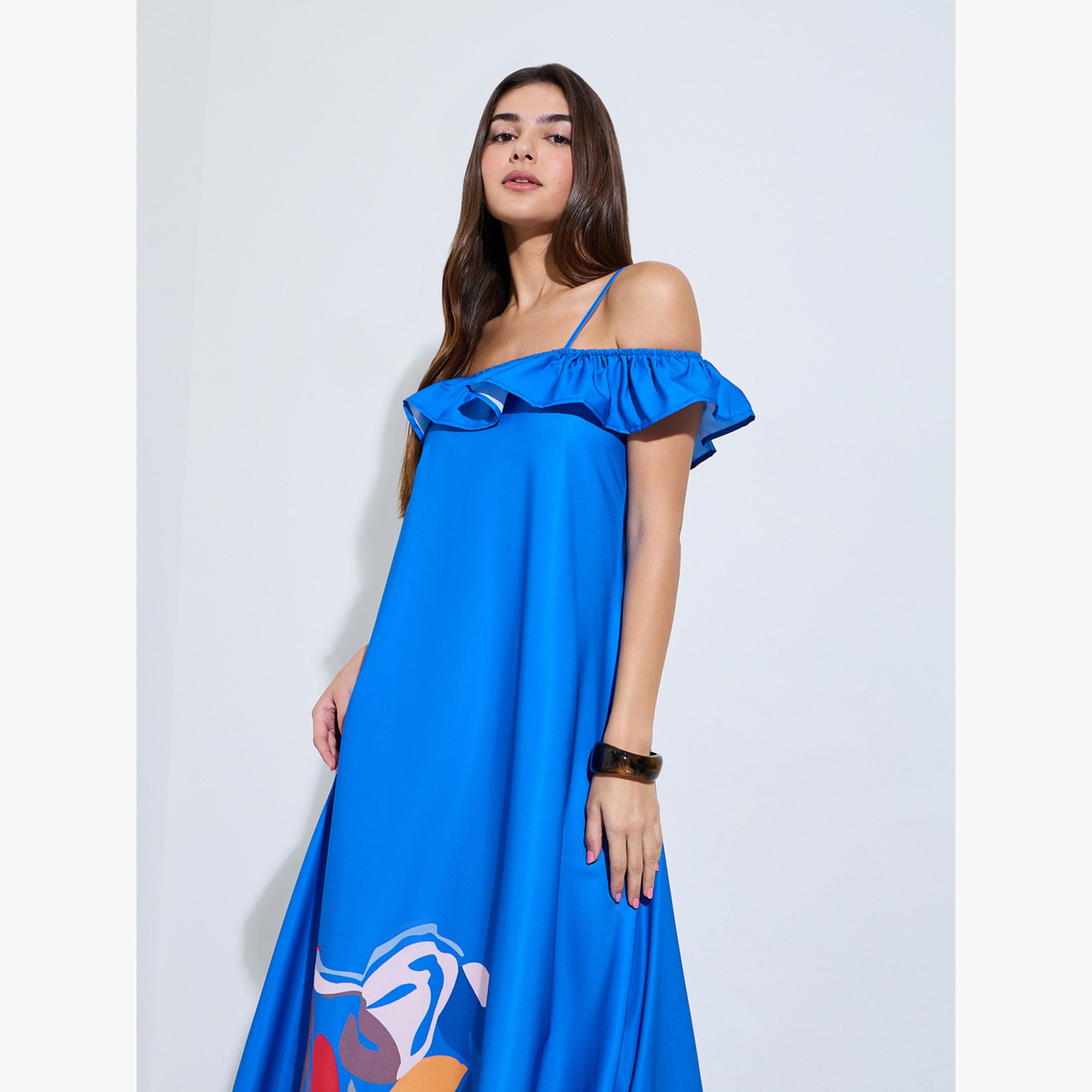 فستان طويل بكشكش وأكتاف مكشوفة أزرق-women-clothing-dresses-image-2