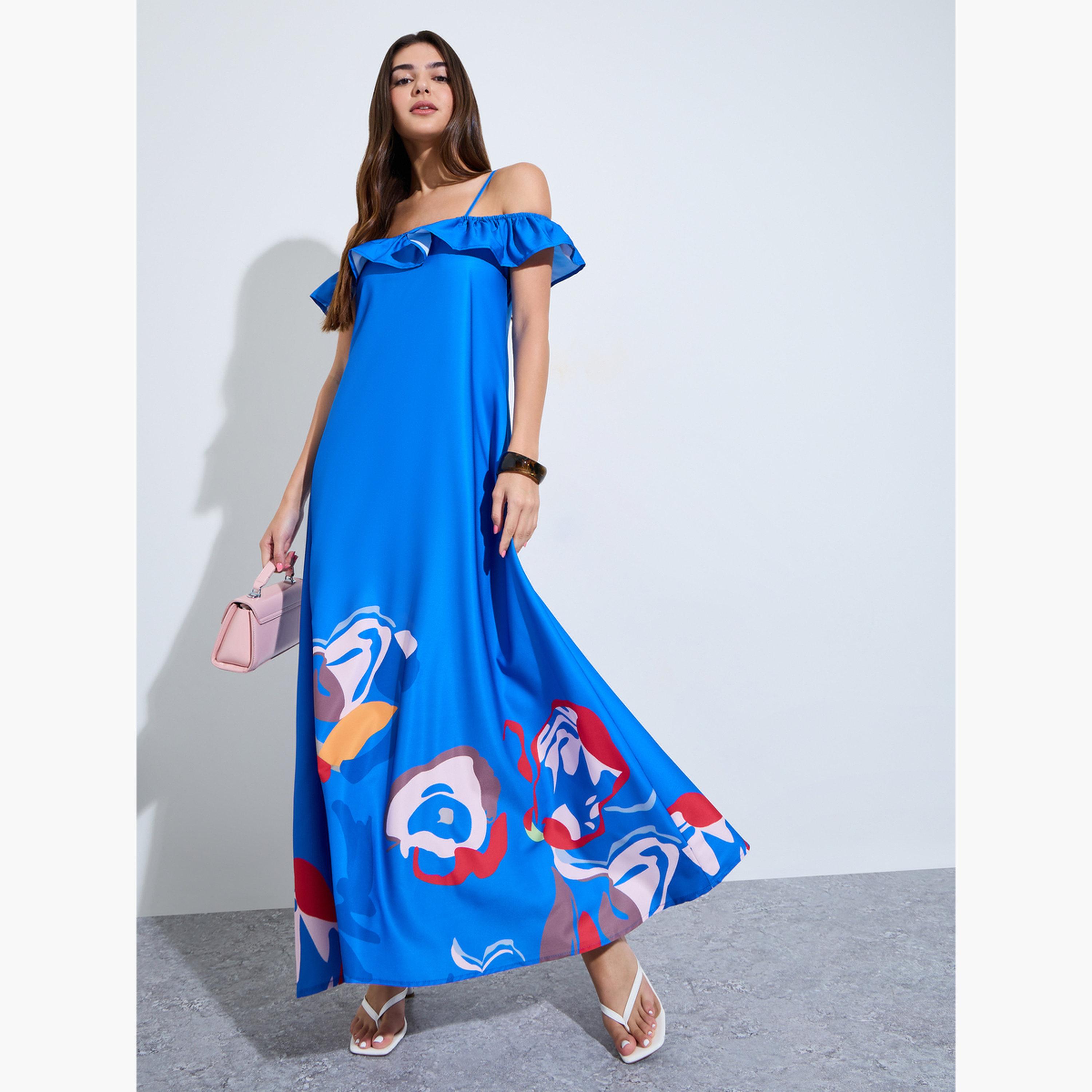 فستان طويل بكشكش وأكتاف مكشوفة أزرق-women-clothing-dresses-image-3