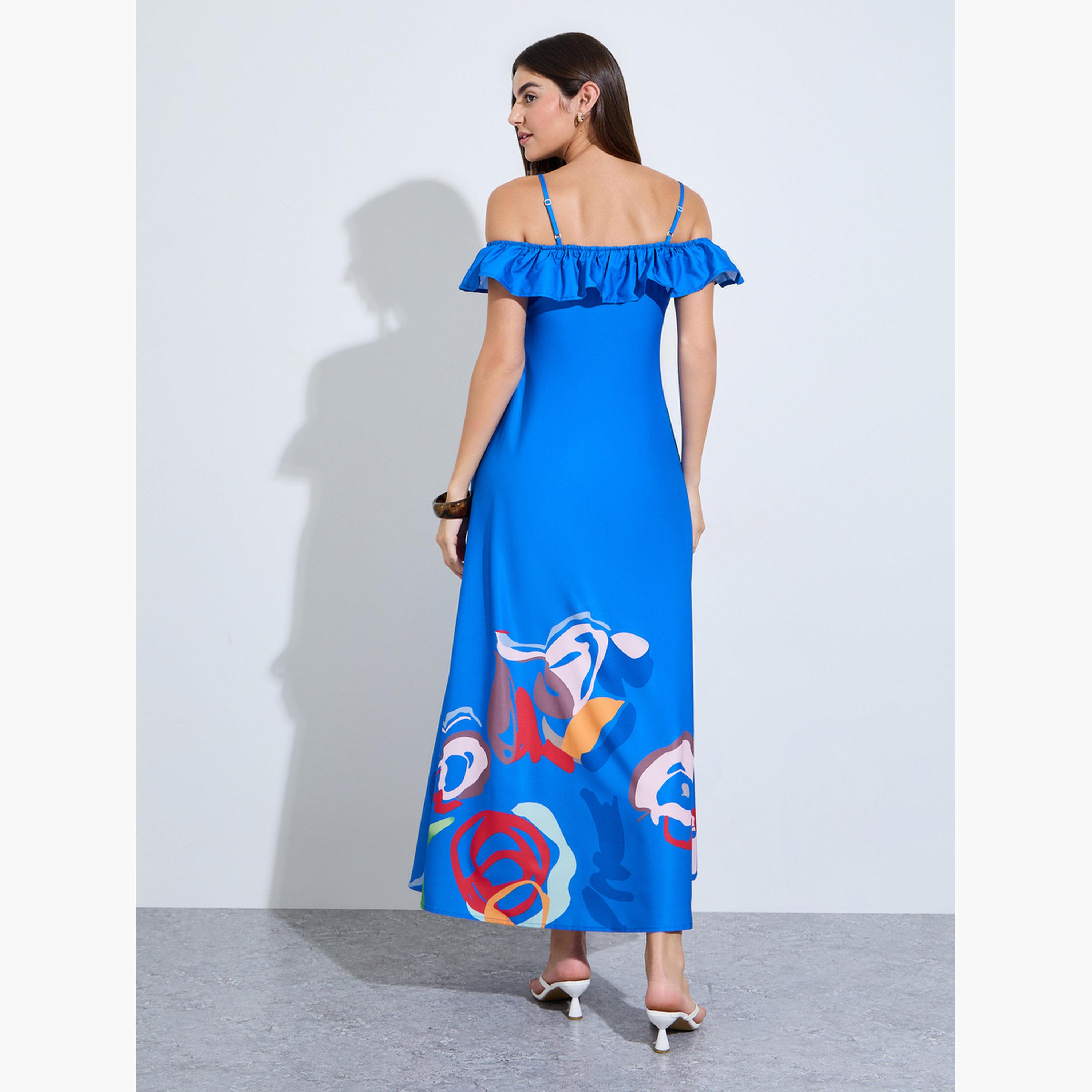 فستان طويل بكشكش وأكتاف مكشوفة أزرق-women-clothing-dresses-image-4