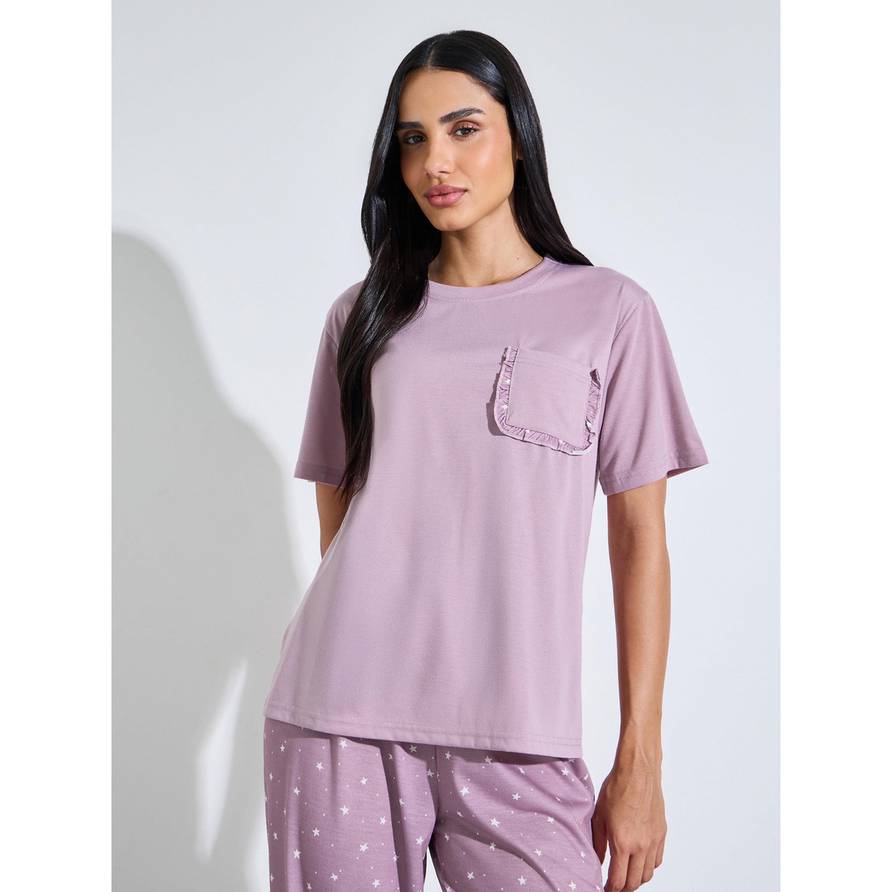 Styli Pink Solid Pocket Detail T-Shirt and All Over Star Print Pants Pyjama Set-women-clothing-nightwear-pyjamas-longsets-image-2