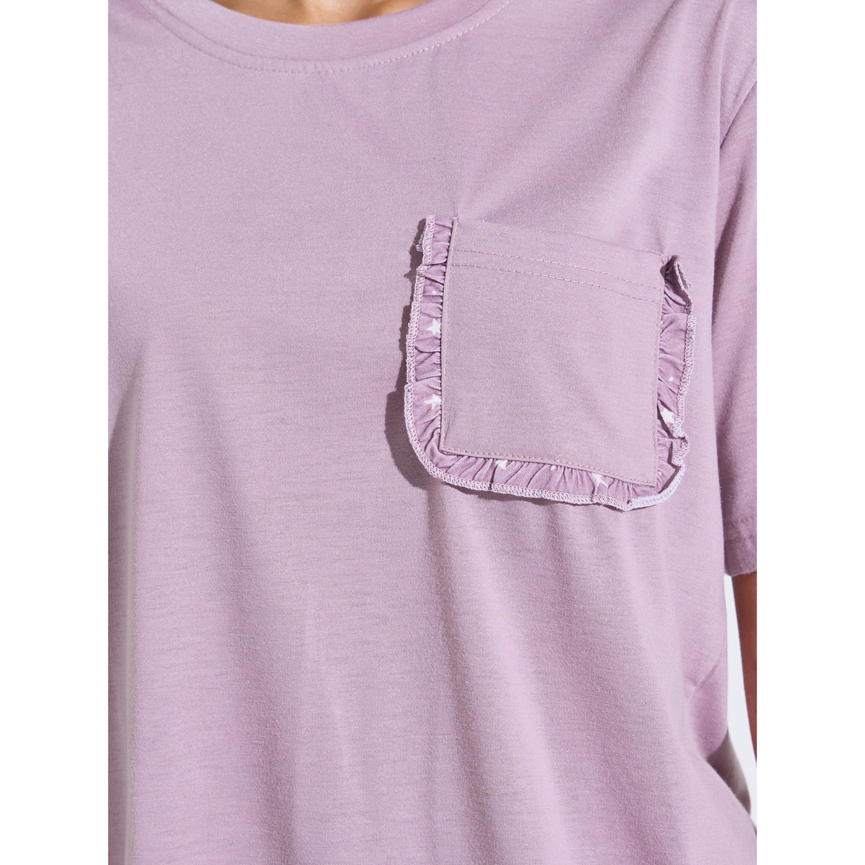 Styli Pink Solid Pocket Detail T-Shirt and All Over Star Print Pants Pyjama Set-women-clothing-nightwear-pyjamas-longsets-image-5