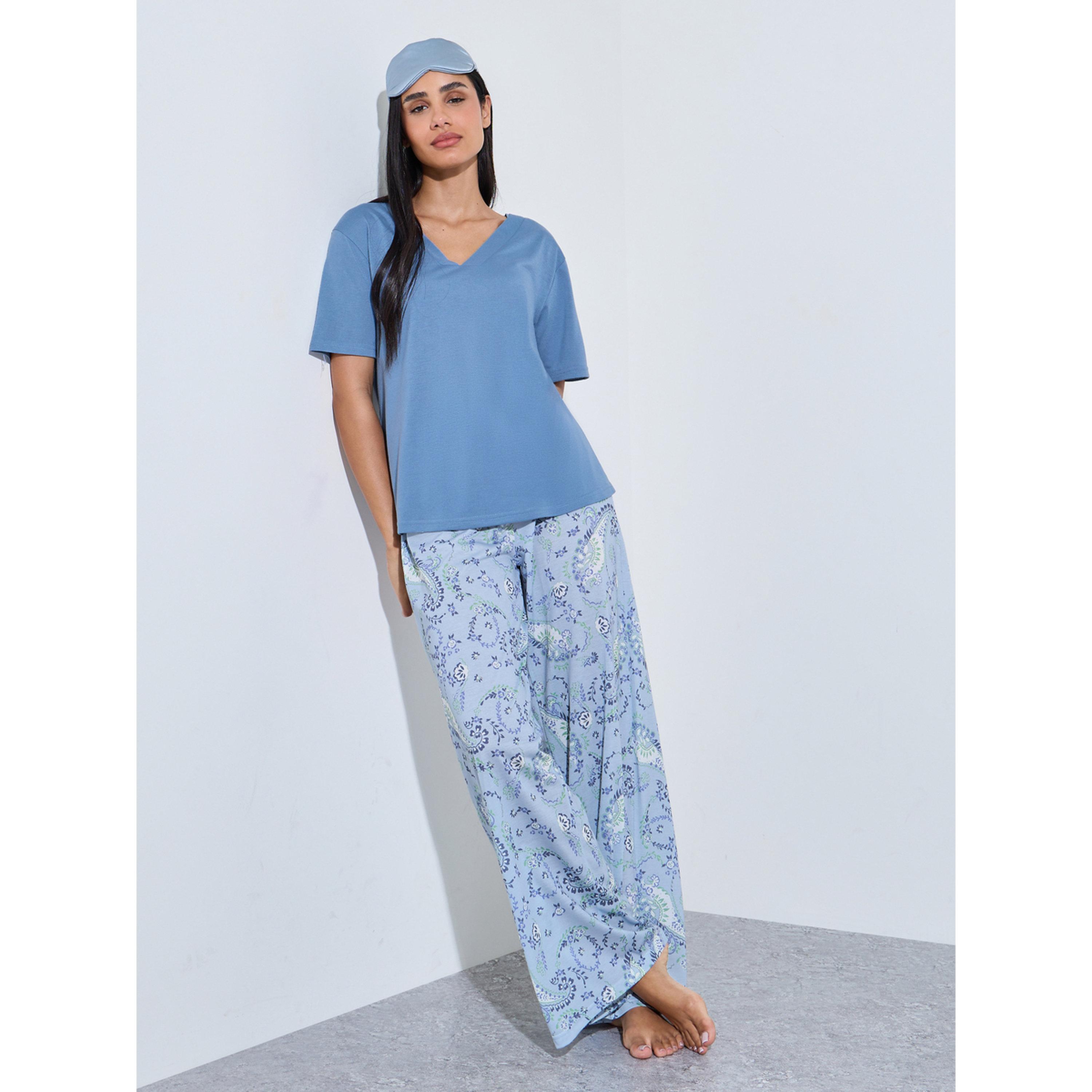Styli Blue Solid V-Neck T-Shirt and Graphic Print Wide Leg Pants Pyjama Set-women-clothing-nightwear-pyjamas-longsets-image-1
