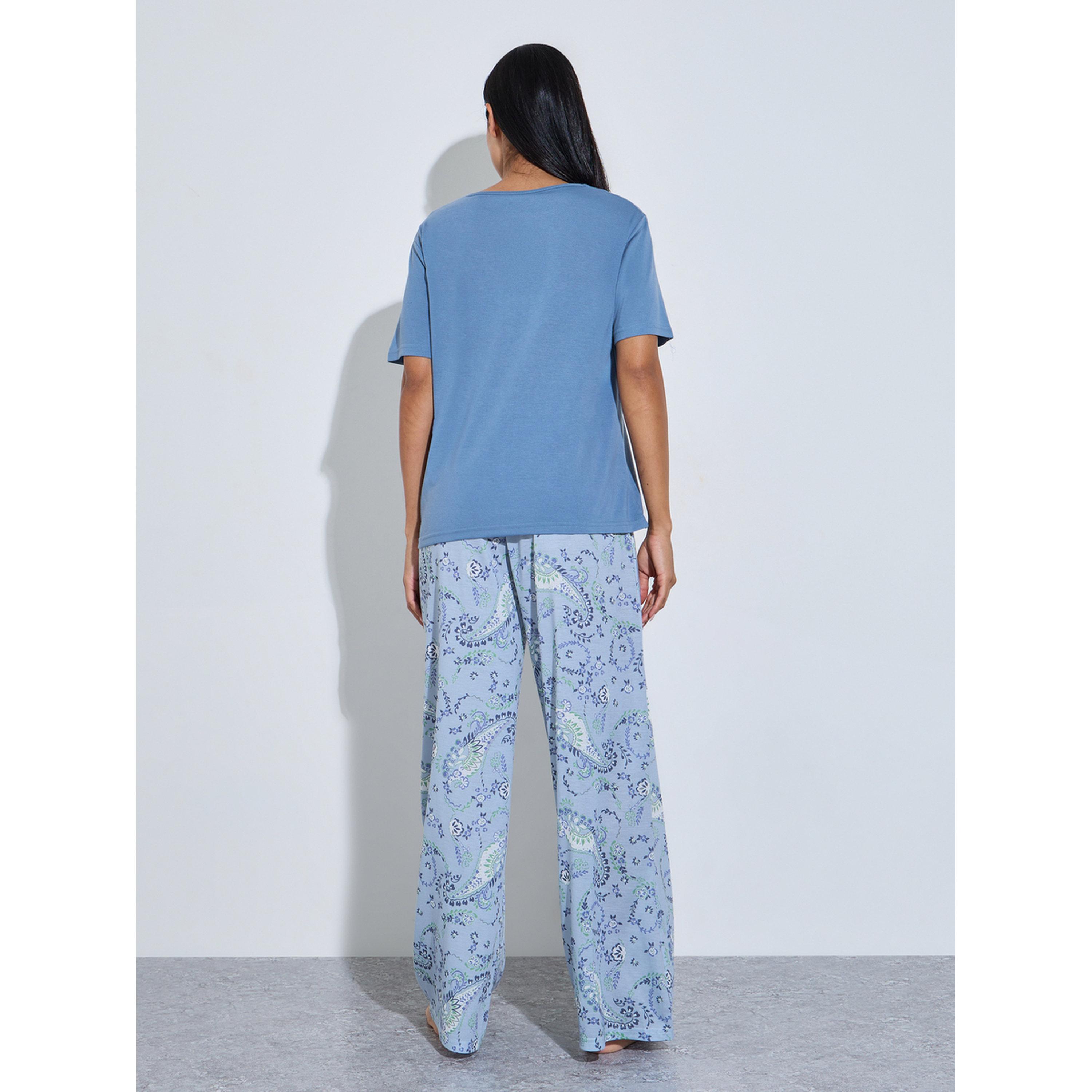 Styli Blue Solid V-Neck T-Shirt and Graphic Print Wide Leg Pants Pyjama Set-women-clothing-nightwear-pyjamas-longsets-image-4