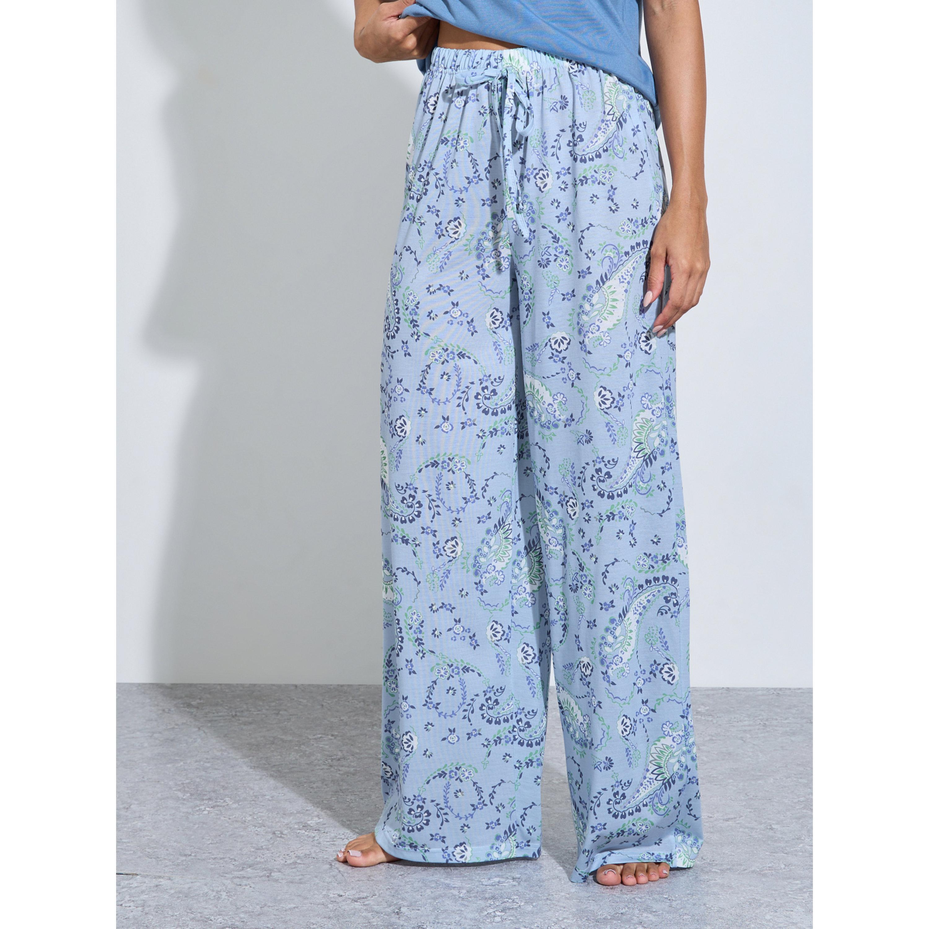 Styli Blue Solid V-Neck T-Shirt and Graphic Print Wide Leg Pants Pyjama Set-women-clothing-nightwear-pyjamas-longsets-image-5
