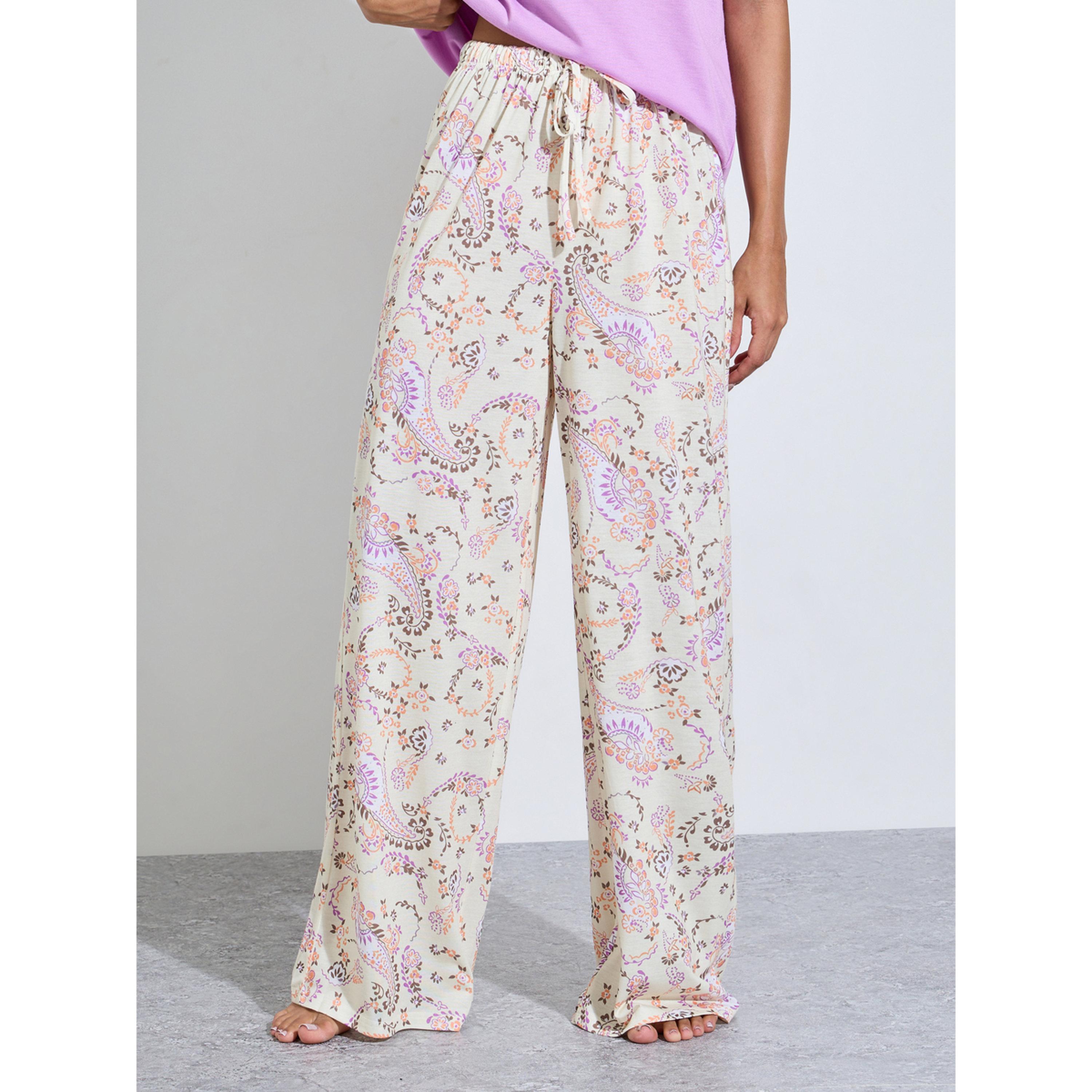 طقم بيجاما من بنطال بأرجل واسعة بطبعة جرافيك وتيشيرت سادة متعدد الألوان-women-clothing-nightwear-pyjamas-longsets-image-5