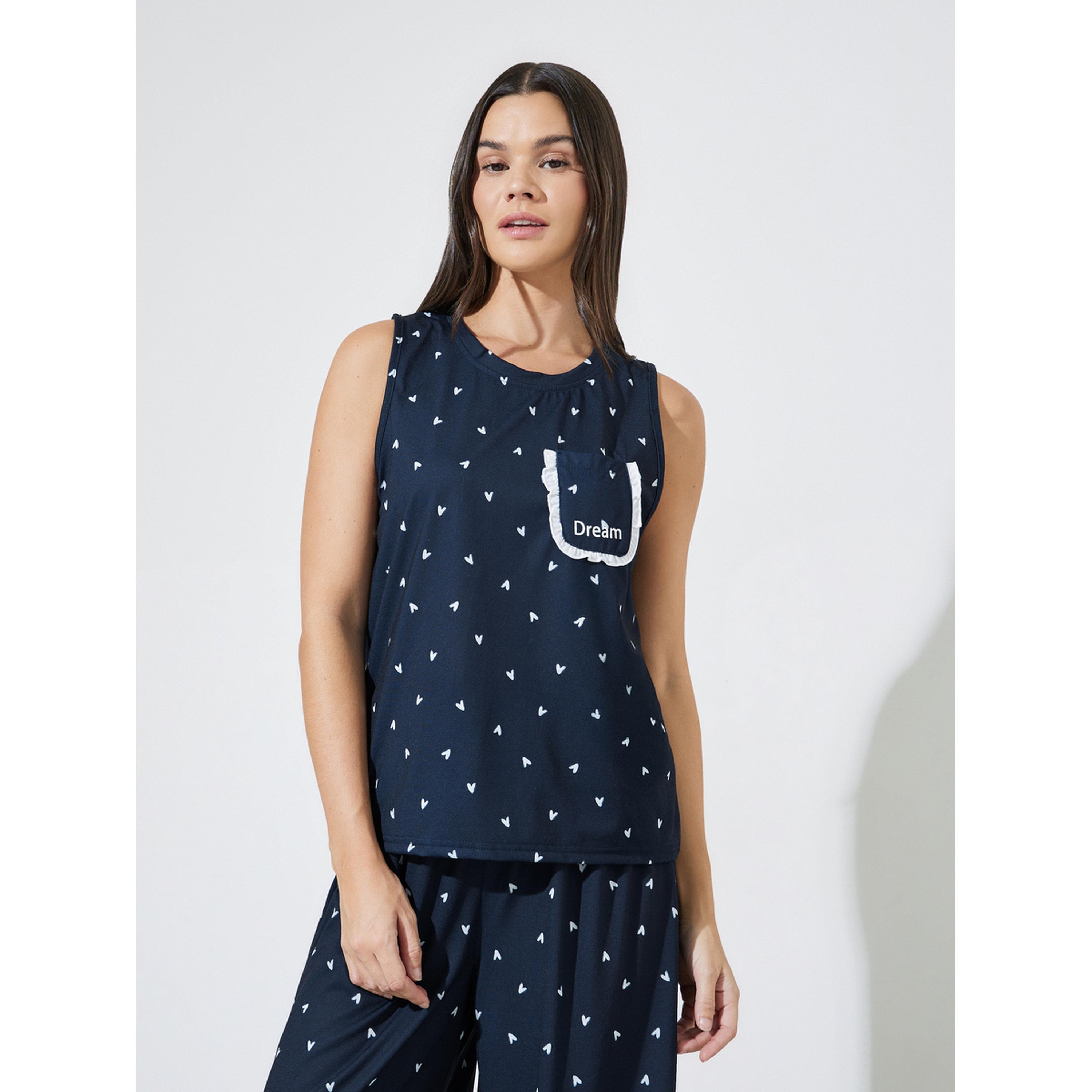 Styli Navy Spot Print Ruffle Pocket Tank and Straight Leg Pyjama Set-women-clothing-nightwear-pyjamas-longsets-image-3