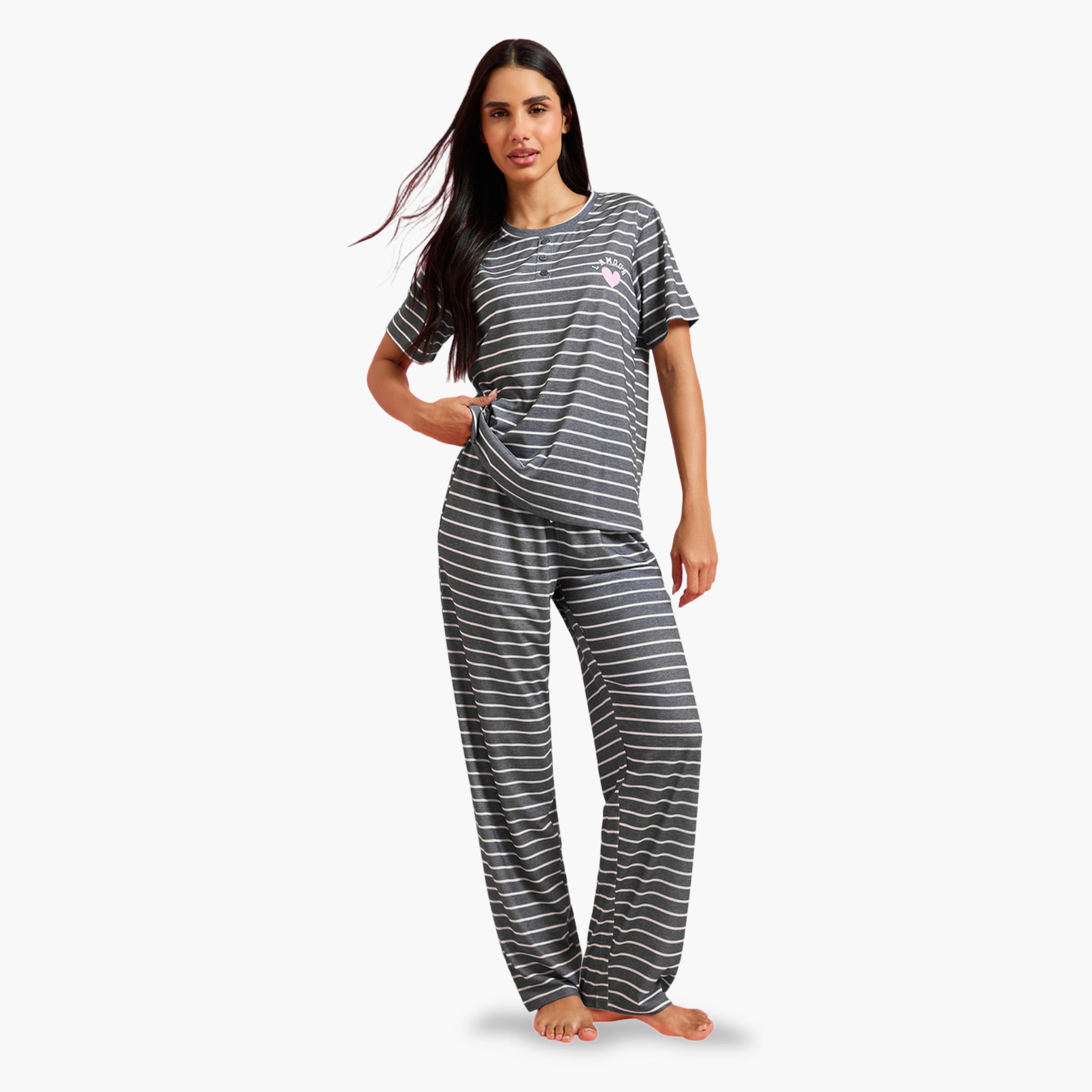 Styli Multi-Color Striped T-Shirt and Straight Leg Pants Pyjama Set-women-clothing-nightwear-pyjamas-longsets-image-1