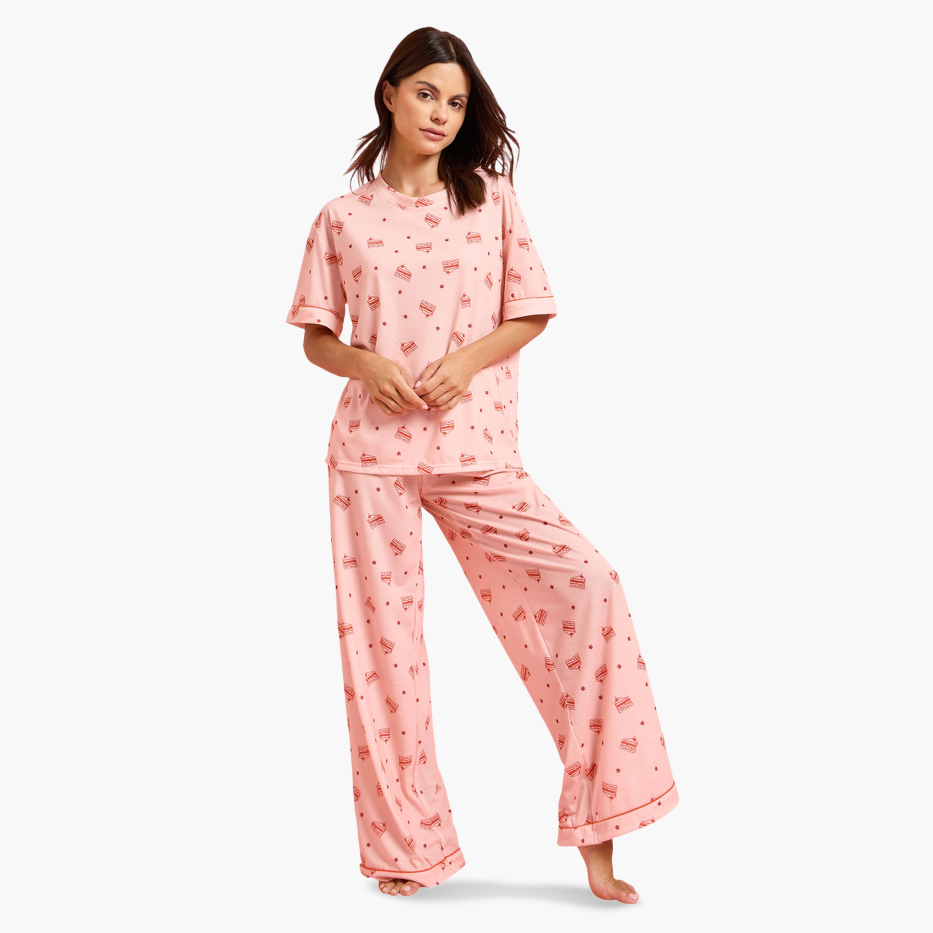 Styli Pink Cake Print Short Sleeve T-Shirt and Wide Leg Pyjama Set-women-clothing-nightwear-pyjamas-longsets-image-1