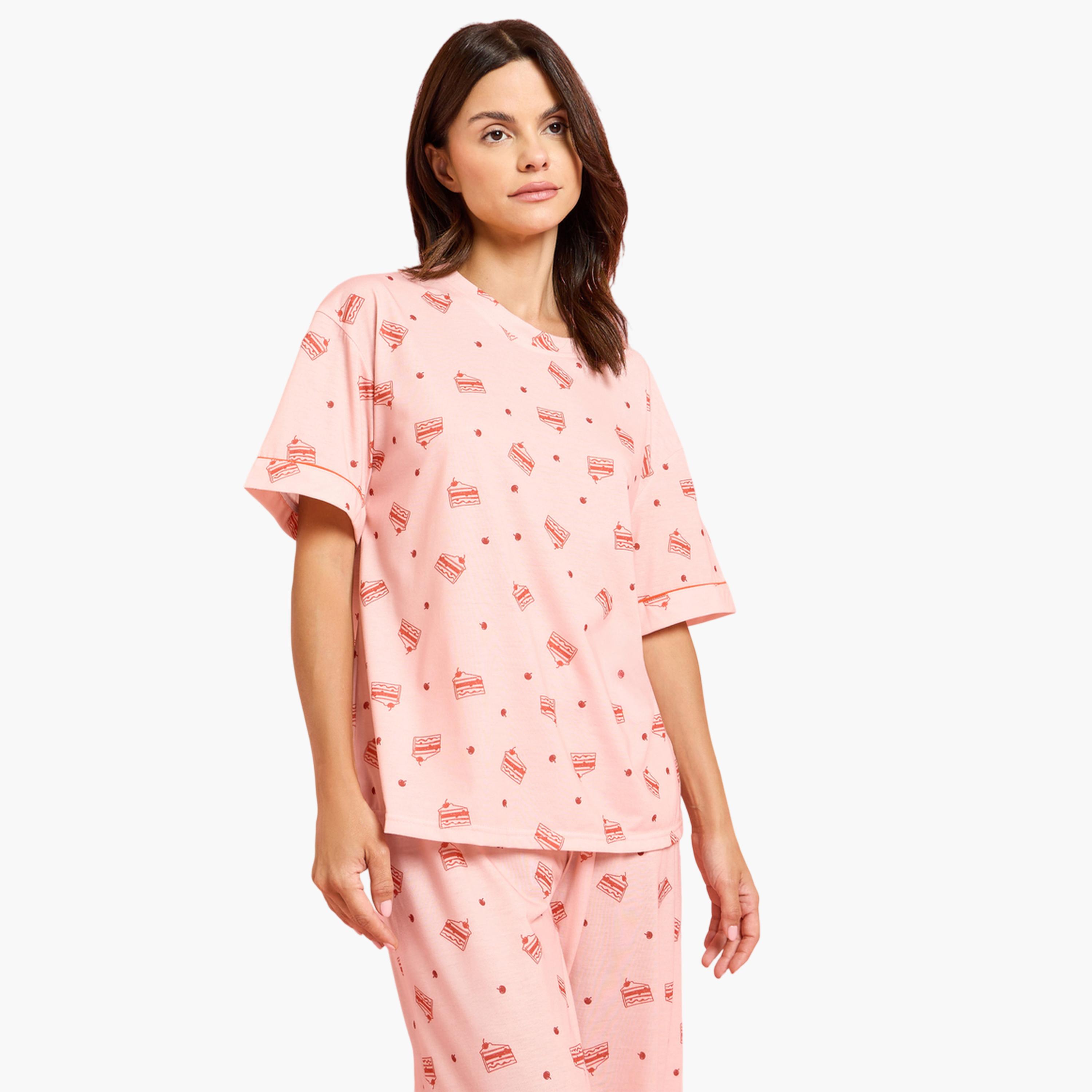 Styli Pink Cake Print Short Sleeve T-Shirt and Wide Leg Pyjama Set-women-clothing-nightwear-pyjamas-longsets-image-2