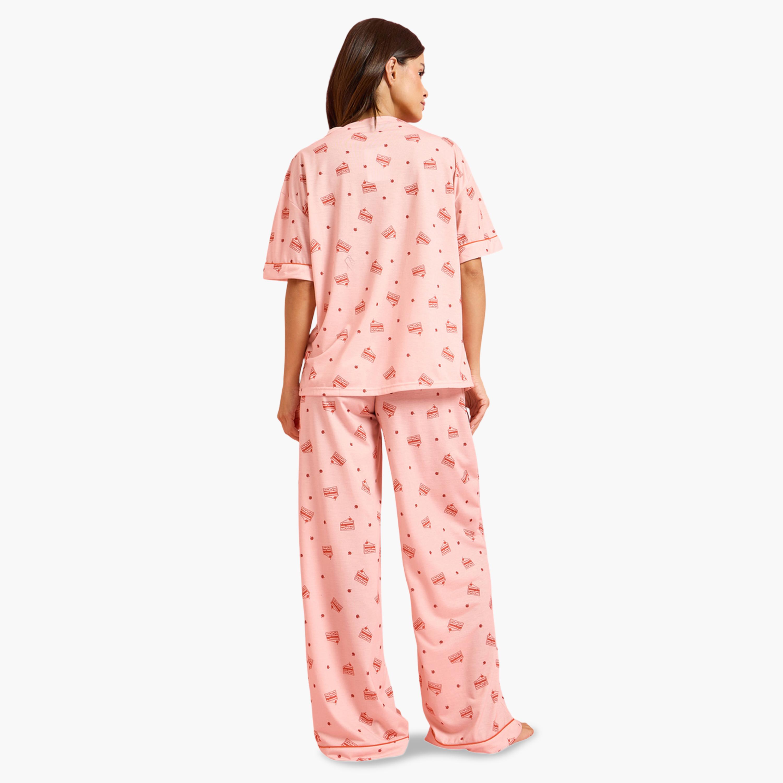 Styli Pink Cake Print Short Sleeve T-Shirt and Wide Leg Pyjama Set-women-clothing-nightwear-pyjamas-longsets-image-3