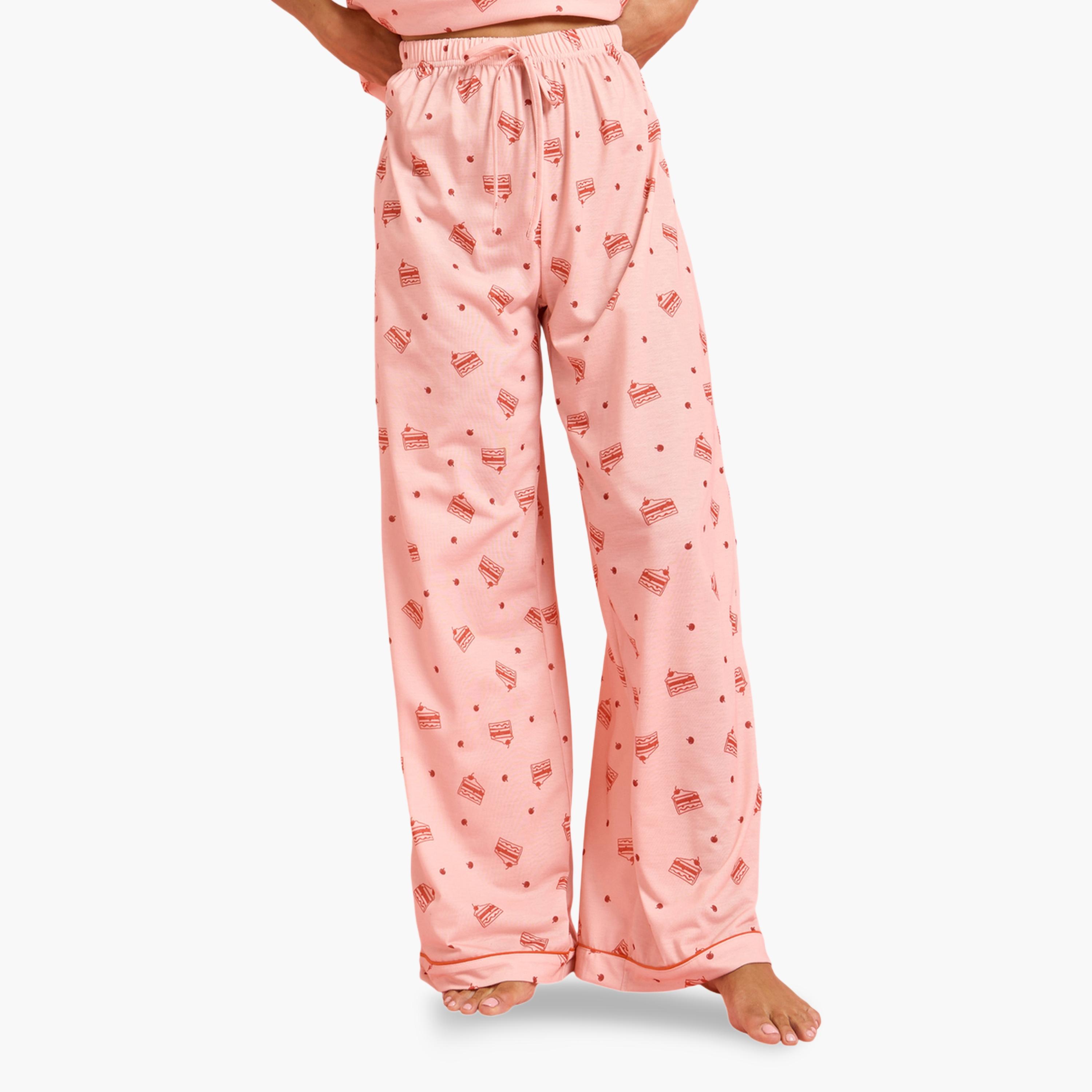 Styli Pink Cake Print Short Sleeve T-Shirt and Wide Leg Pyjama Set-women-clothing-nightwear-pyjamas-longsets-image-4