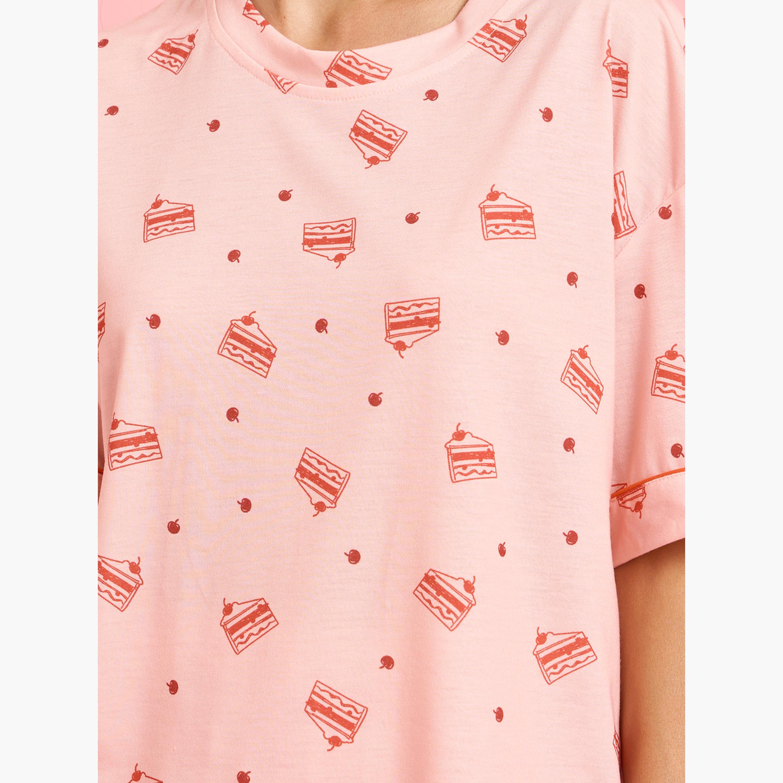 Styli Pink Cake Print Short Sleeve T-Shirt and Wide Leg Pyjama Set-women-clothing-nightwear-pyjamas-longsets-image-5