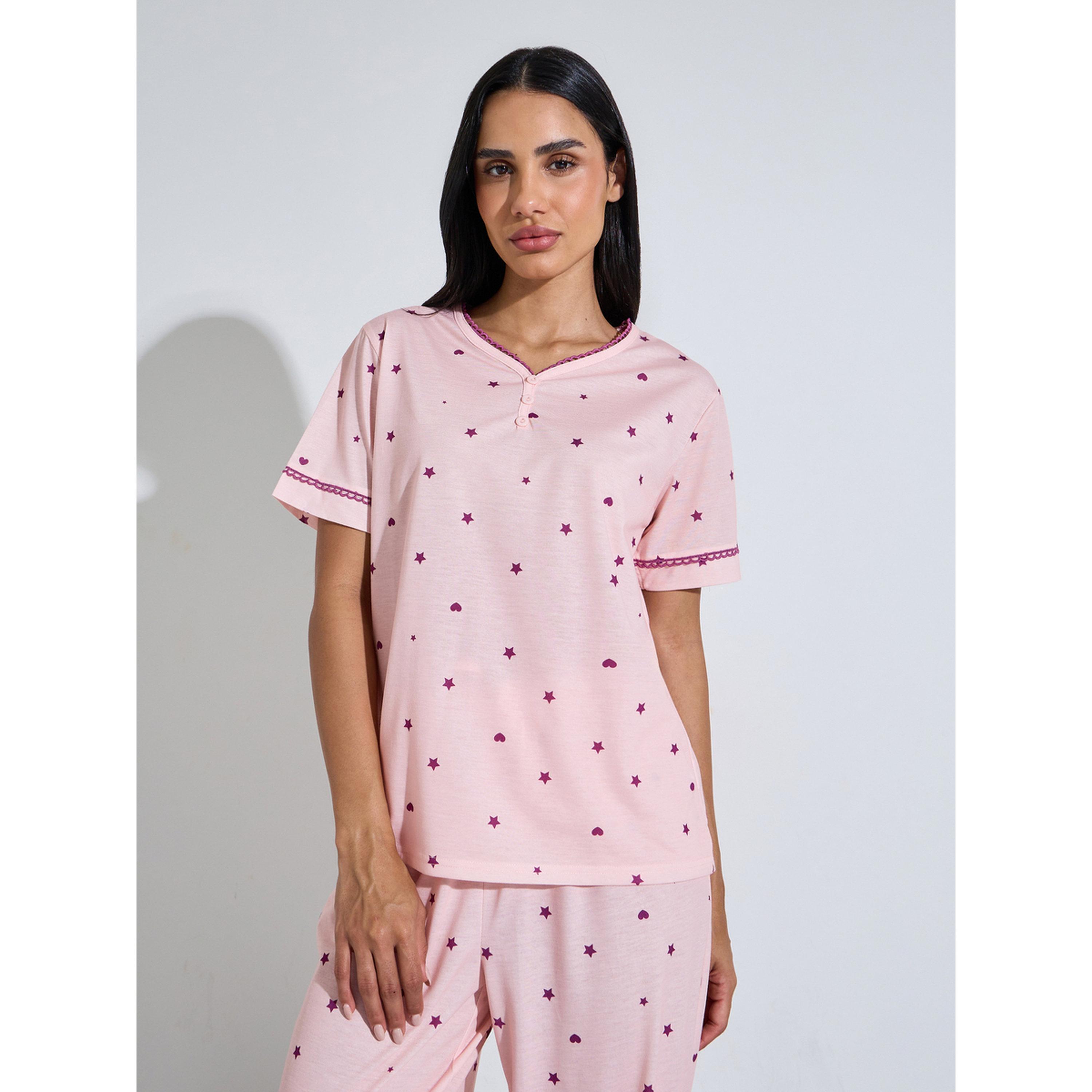 طقم بيجاما من بنطال بحافة مطوية وتيشيرت وطبعة نجوم بالكامل باللون الوردي-women-clothing-nightwear-pyjamas-longsets-image-2