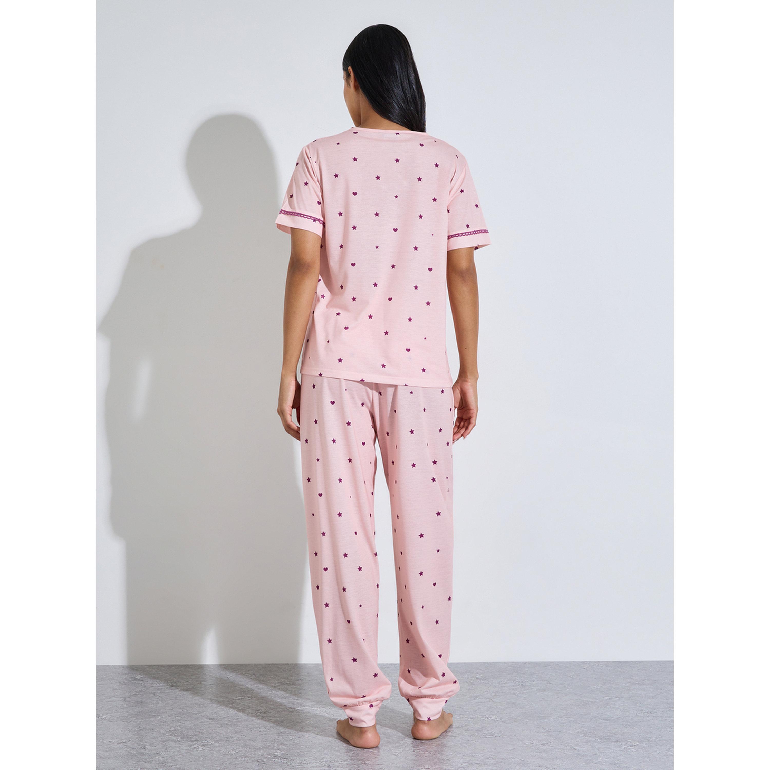 طقم بيجاما من بنطال بحافة مطوية وتيشيرت وطبعة نجوم بالكامل باللون الوردي-women-clothing-nightwear-pyjamas-longsets-image-3