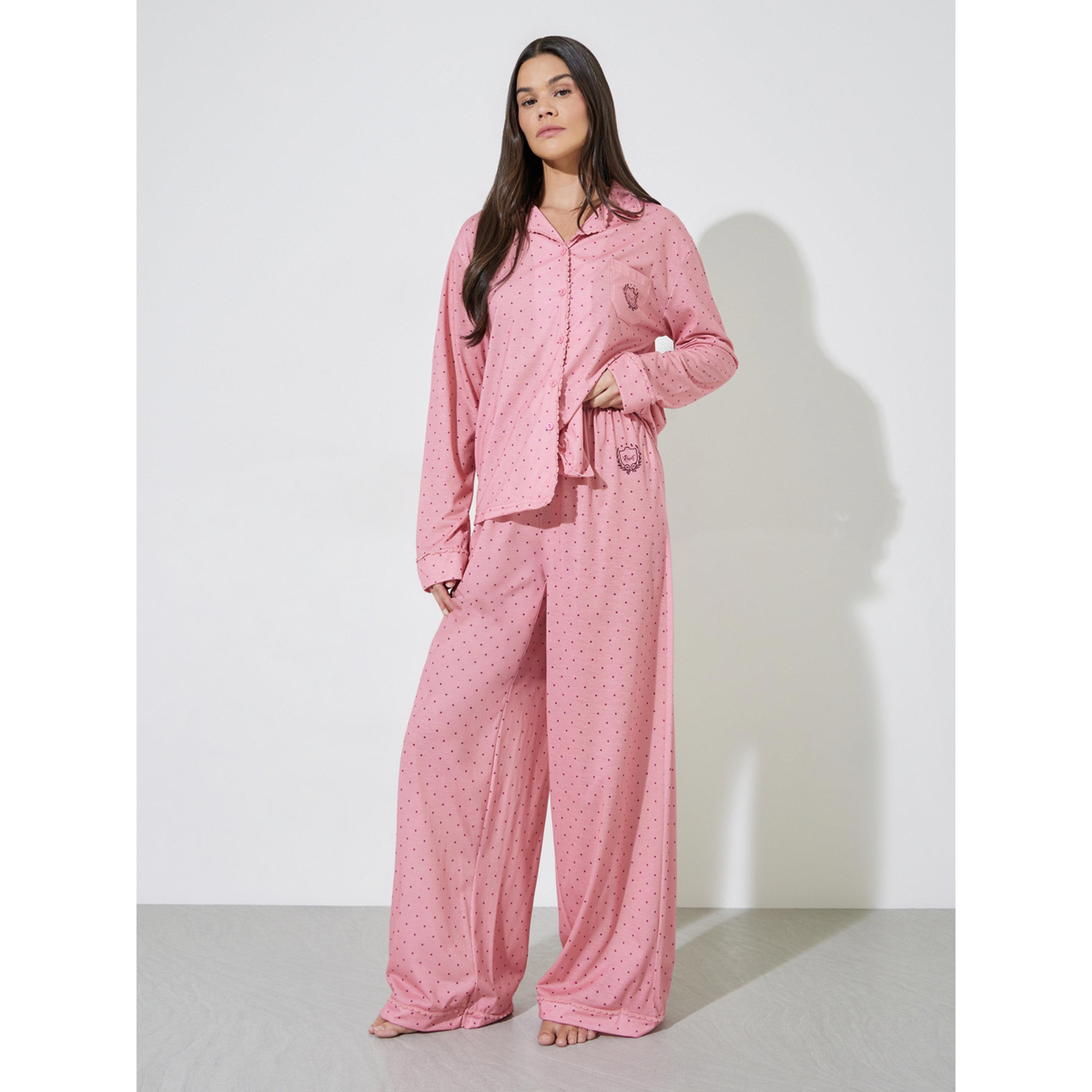 Styli Pink Polka Dot AOP Piping Trim Shirt and Wide Leg Pyjama Set-women-clothing-nightwear-pyjamas-longsets-image-1