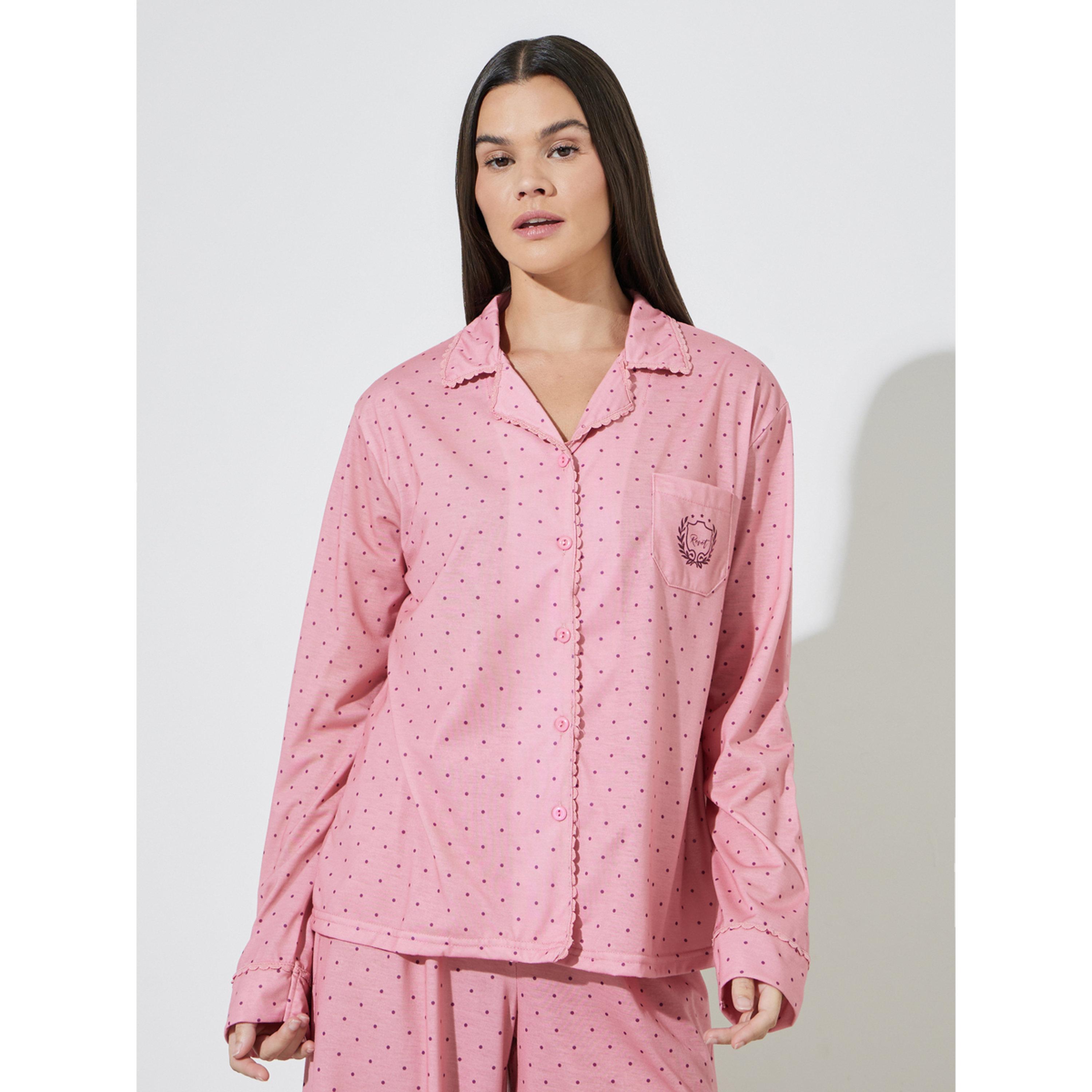 Styli Pink Polka Dot AOP Piping Trim Shirt and Wide Leg Pyjama Set-women-clothing-nightwear-pyjamas-longsets-image-2