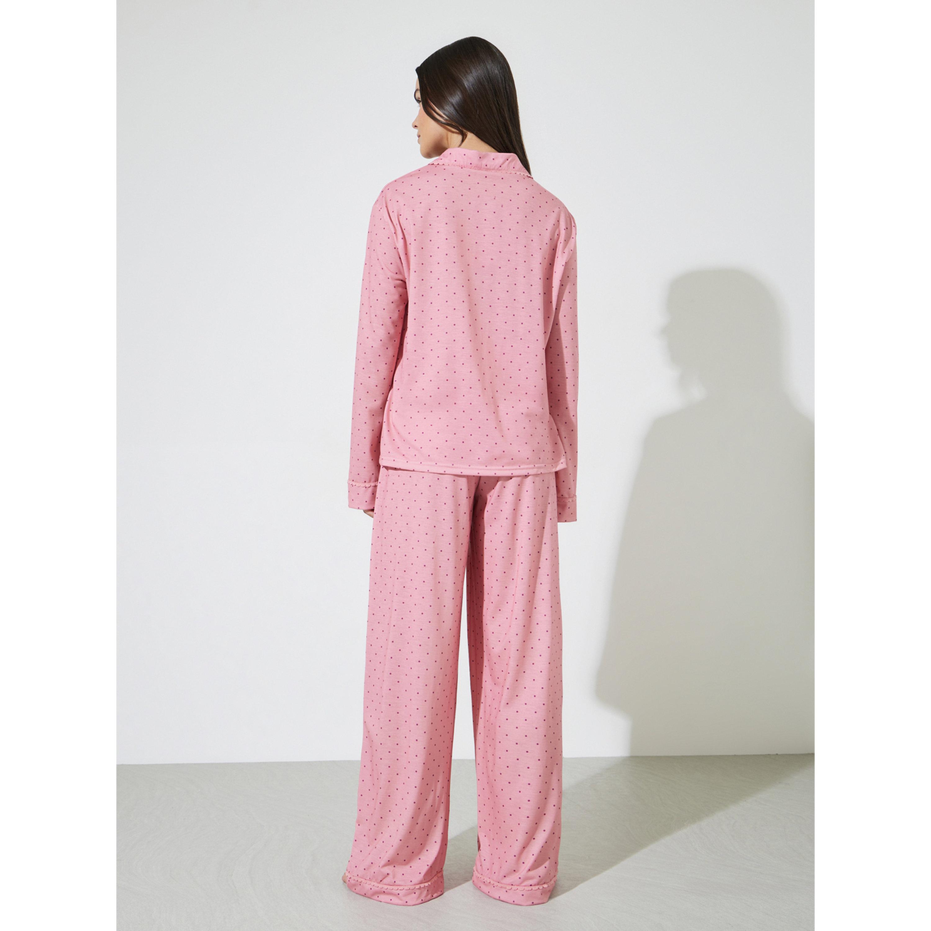 Styli Pink Polka Dot AOP Piping Trim Shirt and Wide Leg Pyjama Set-women-clothing-nightwear-pyjamas-longsets-image-3