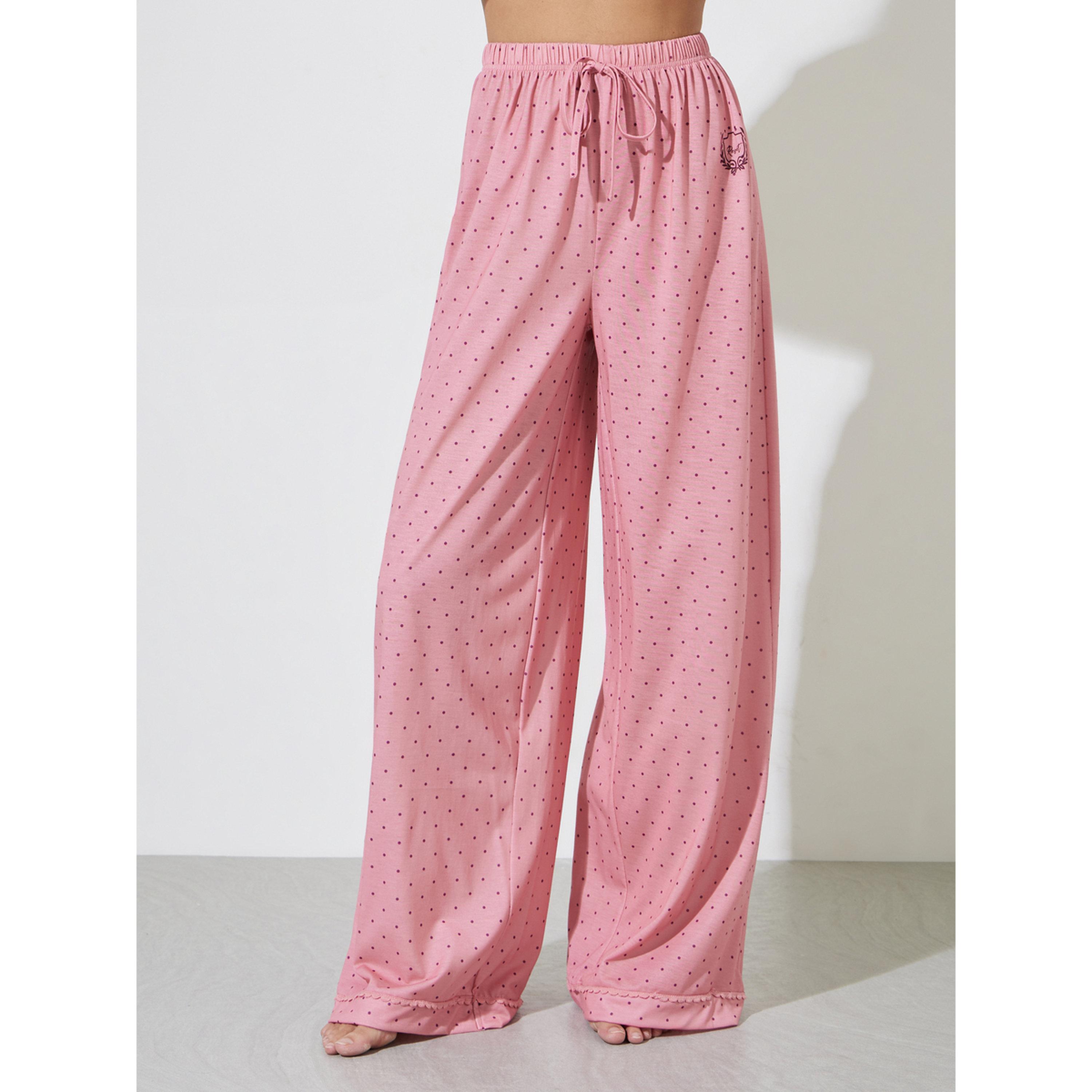 Styli Pink Polka Dot AOP Piping Trim Shirt and Wide Leg Pyjama Set-women-clothing-nightwear-pyjamas-longsets-image-4