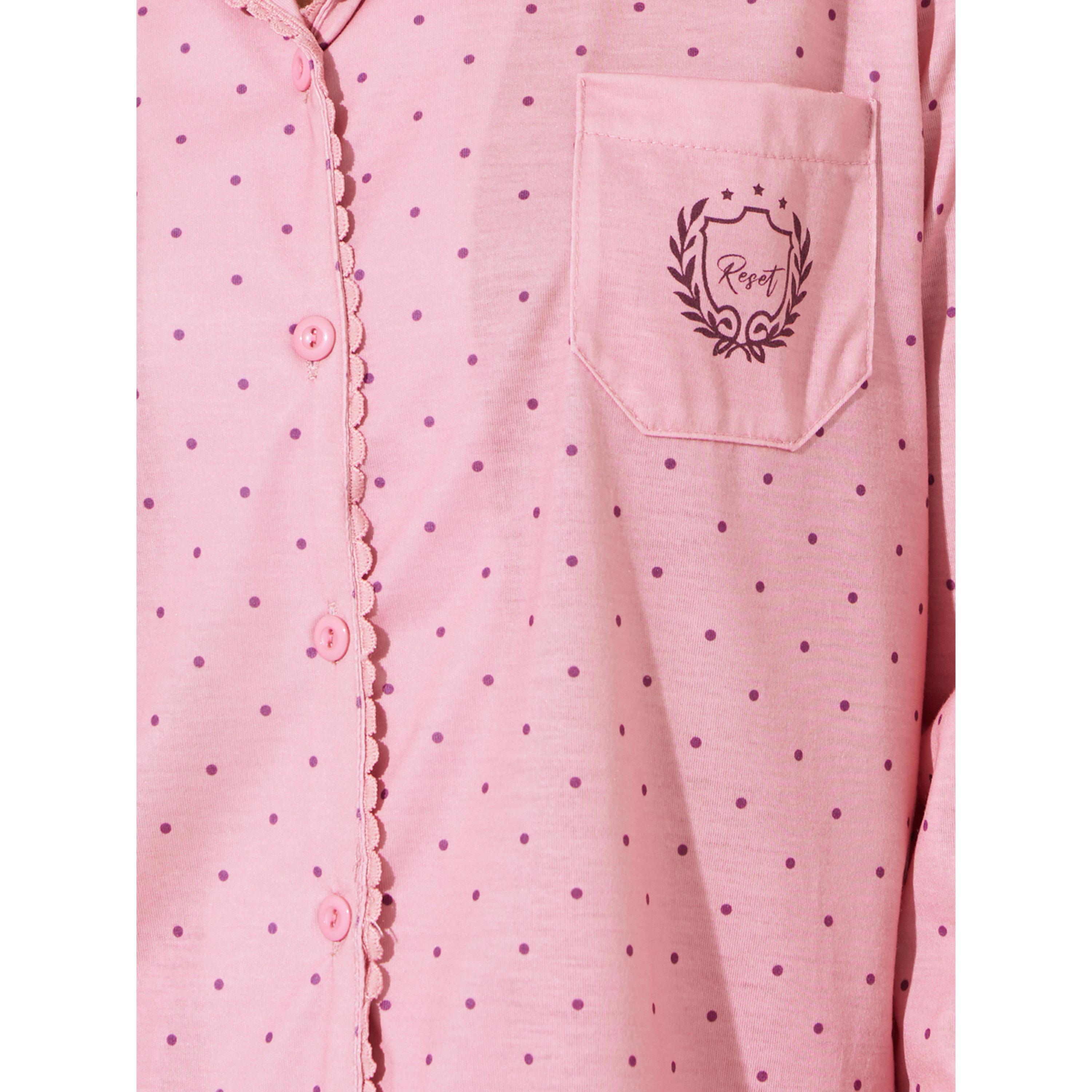 Styli Pink Polka Dot AOP Piping Trim Shirt and Wide Leg Pyjama Set-women-clothing-nightwear-pyjamas-longsets-image-5