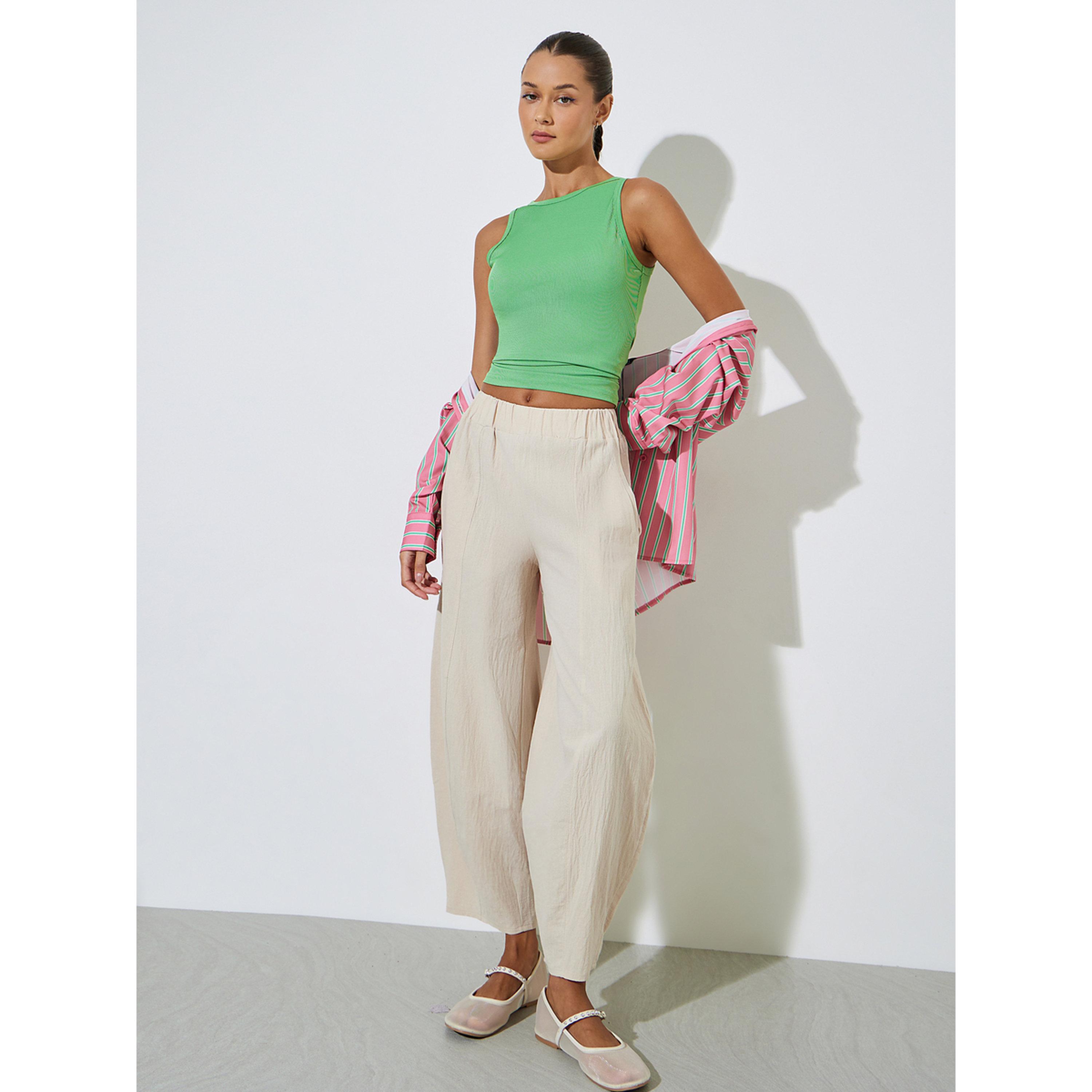 Styli Beige Textured Wide Leg Pleated Tapered Pants-women-clothing-joggers-image-2