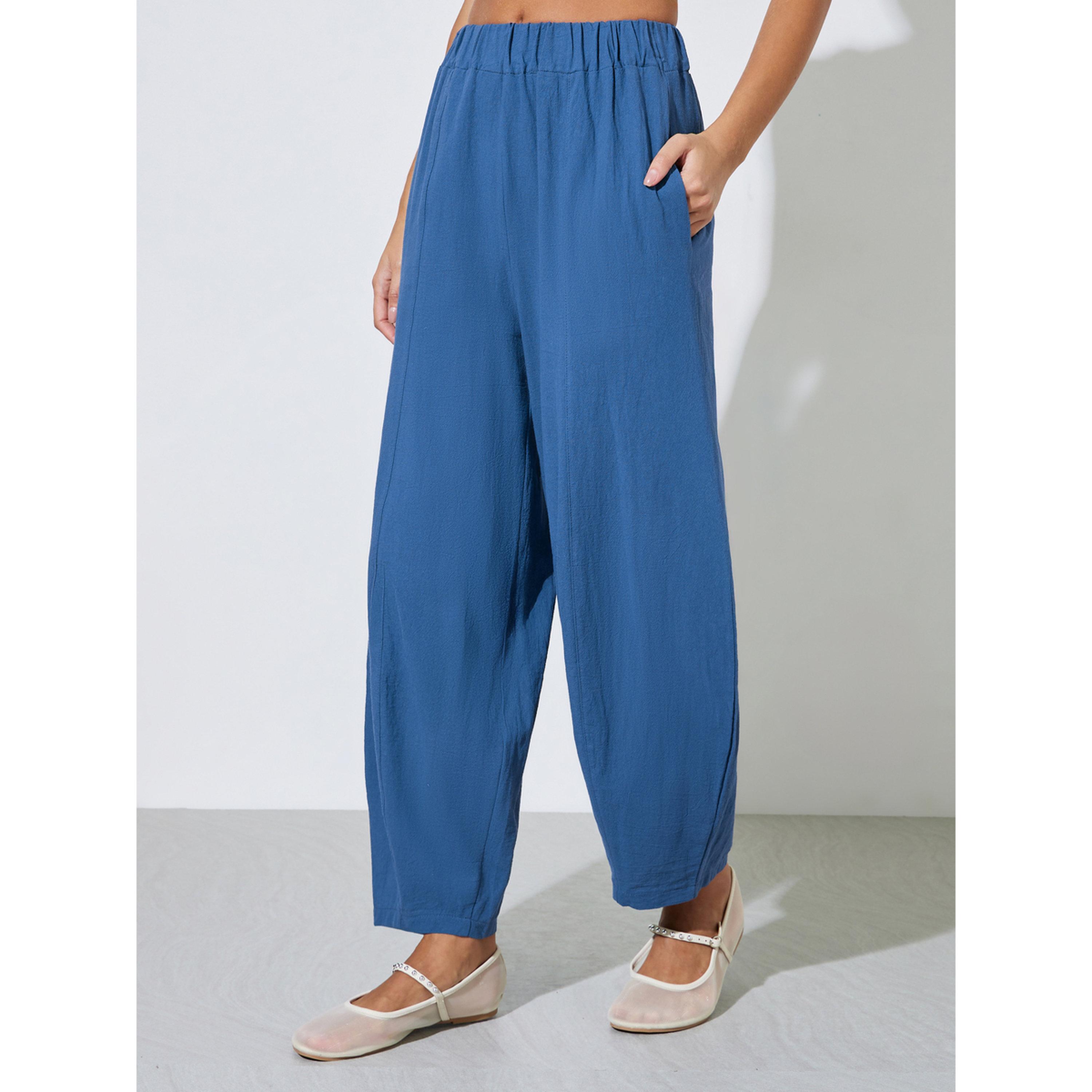 Styli Navy Blue Textured Wide Leg Pleated Tapered Pants-women-clothing-joggers-image-1