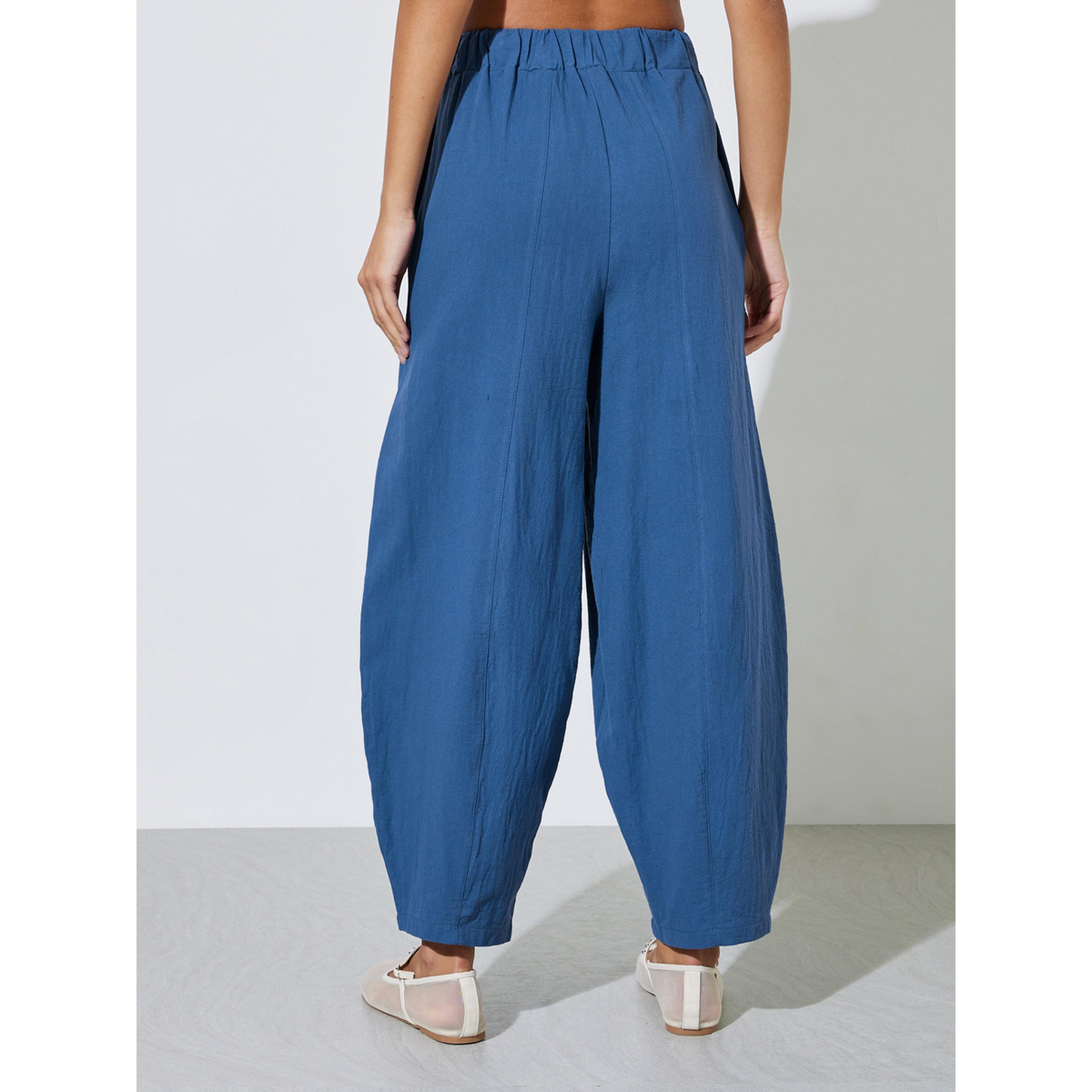 Styli Navy Blue Textured Wide Leg Pleated Tapered Pants-women-clothing-joggers-image-3