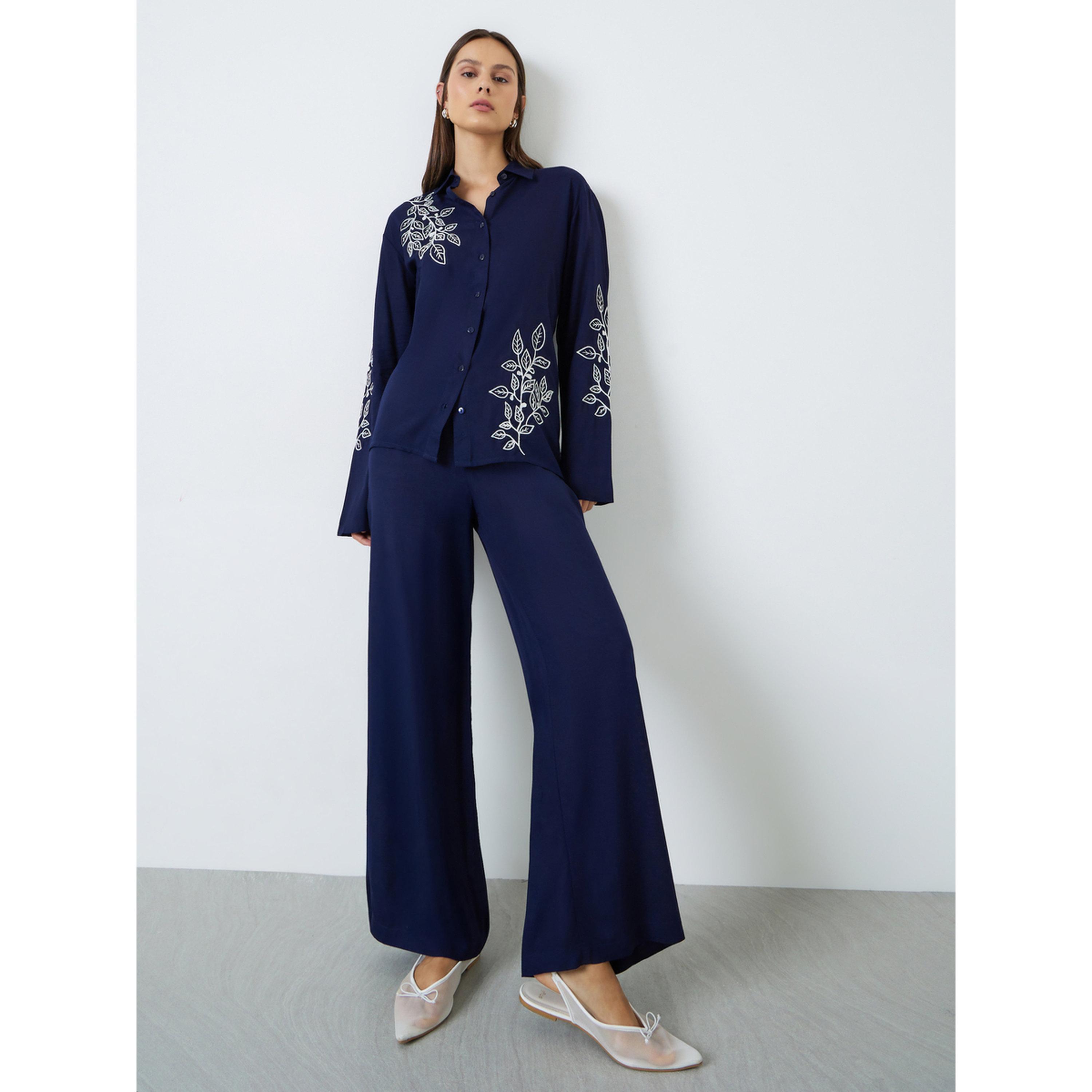 Styli Navy Blue Embroidered Shirt and Pants Set-women-clothing-coordsets-image-1