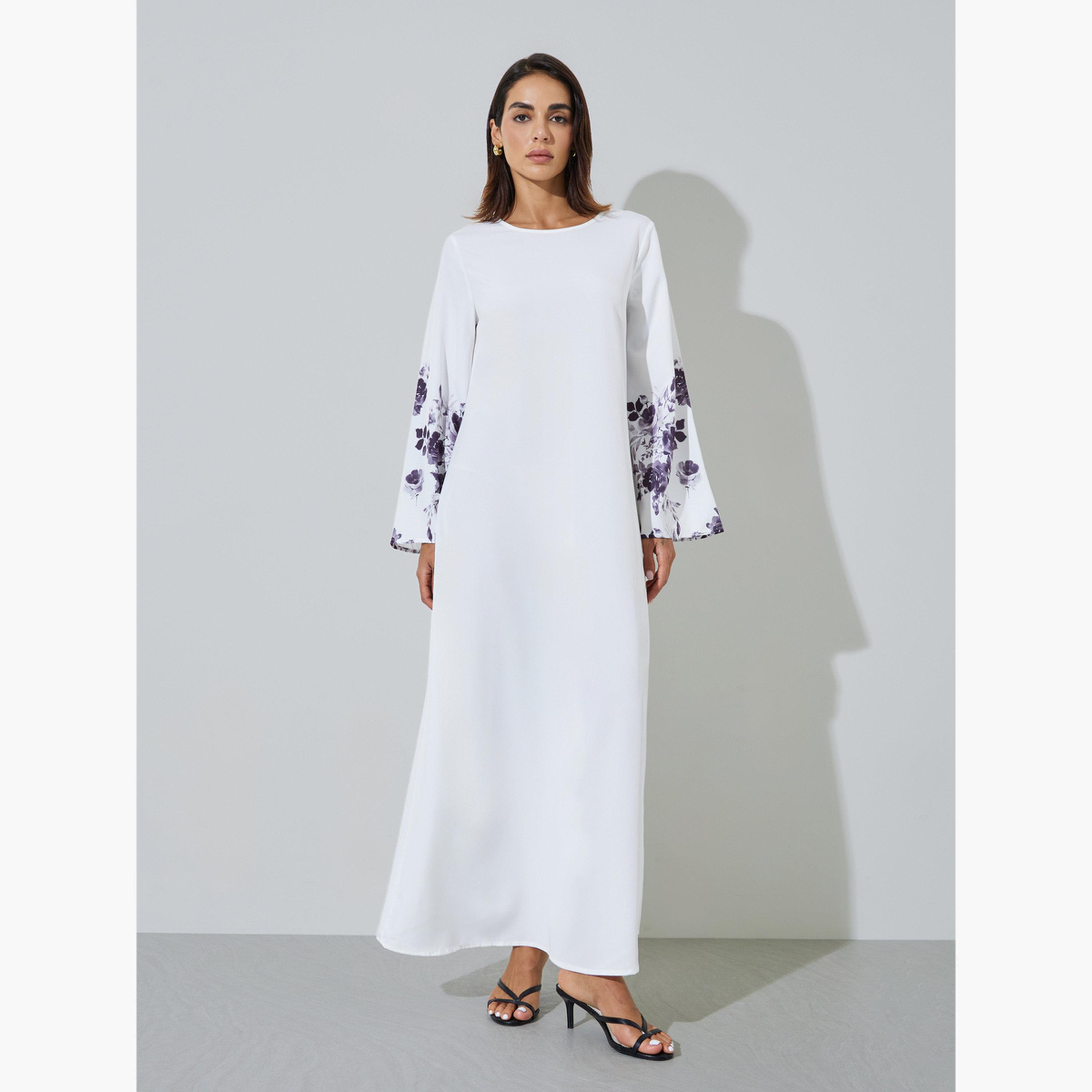 Amirah X Styli White Round Neck Jalabiya with Floral Sleeves-women-arabicclothing-jalabiyas-image-1