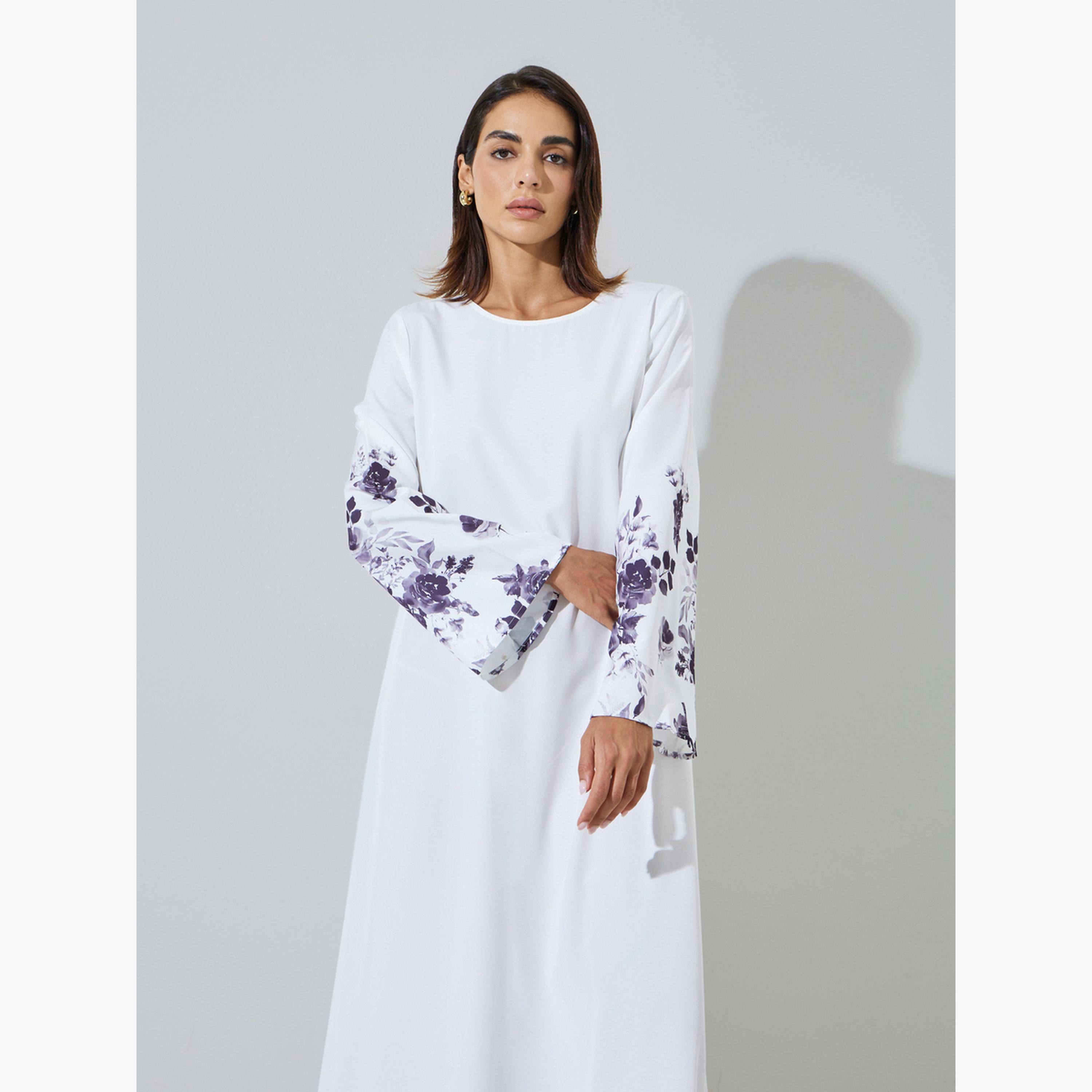 Amirah X Styli White Round Neck Jalabiya with Floral Sleeves-women-arabicclothing-jalabiyas-image-2